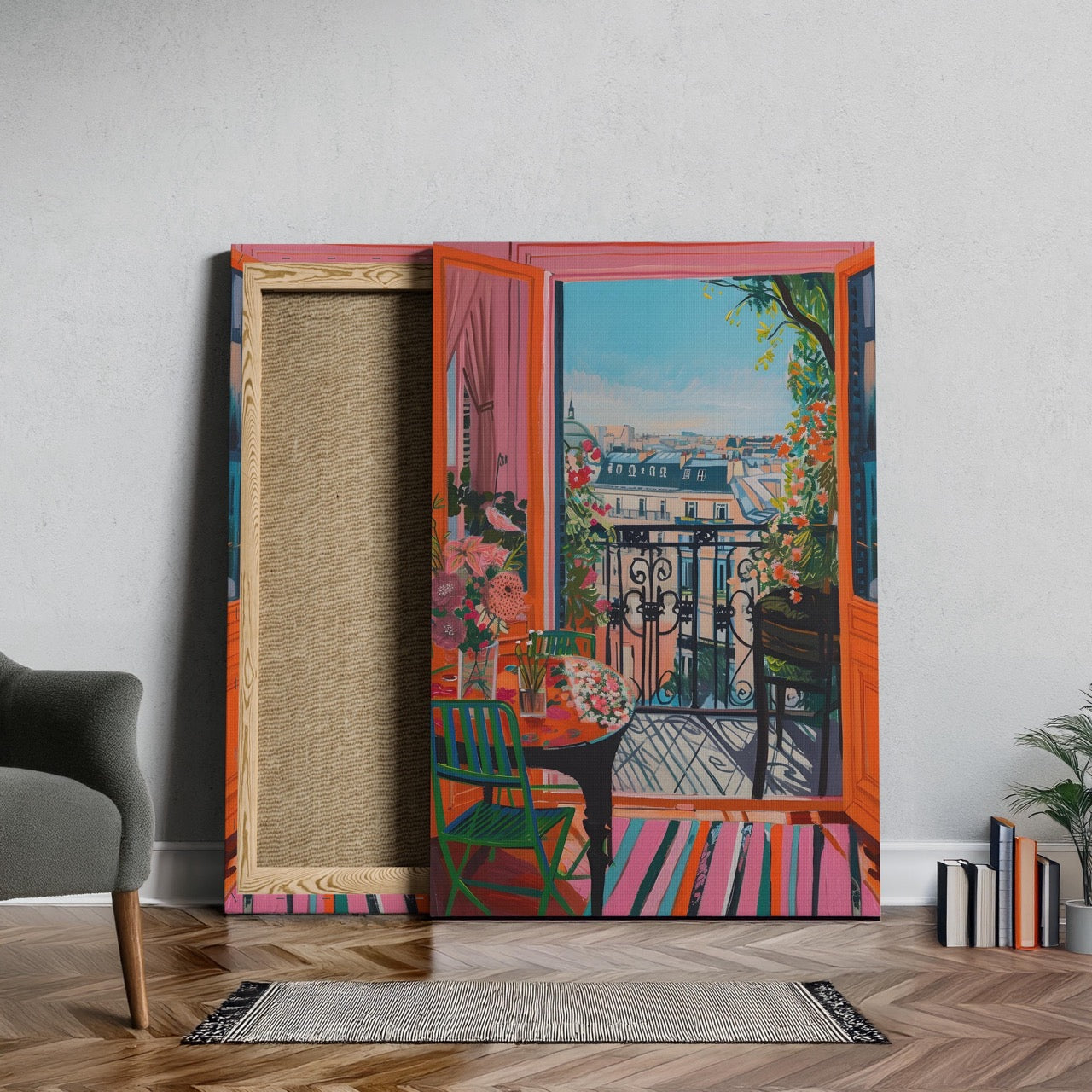 Parisian Balcony in Bloom - Framed Canvas Wall Art Print - House Prints