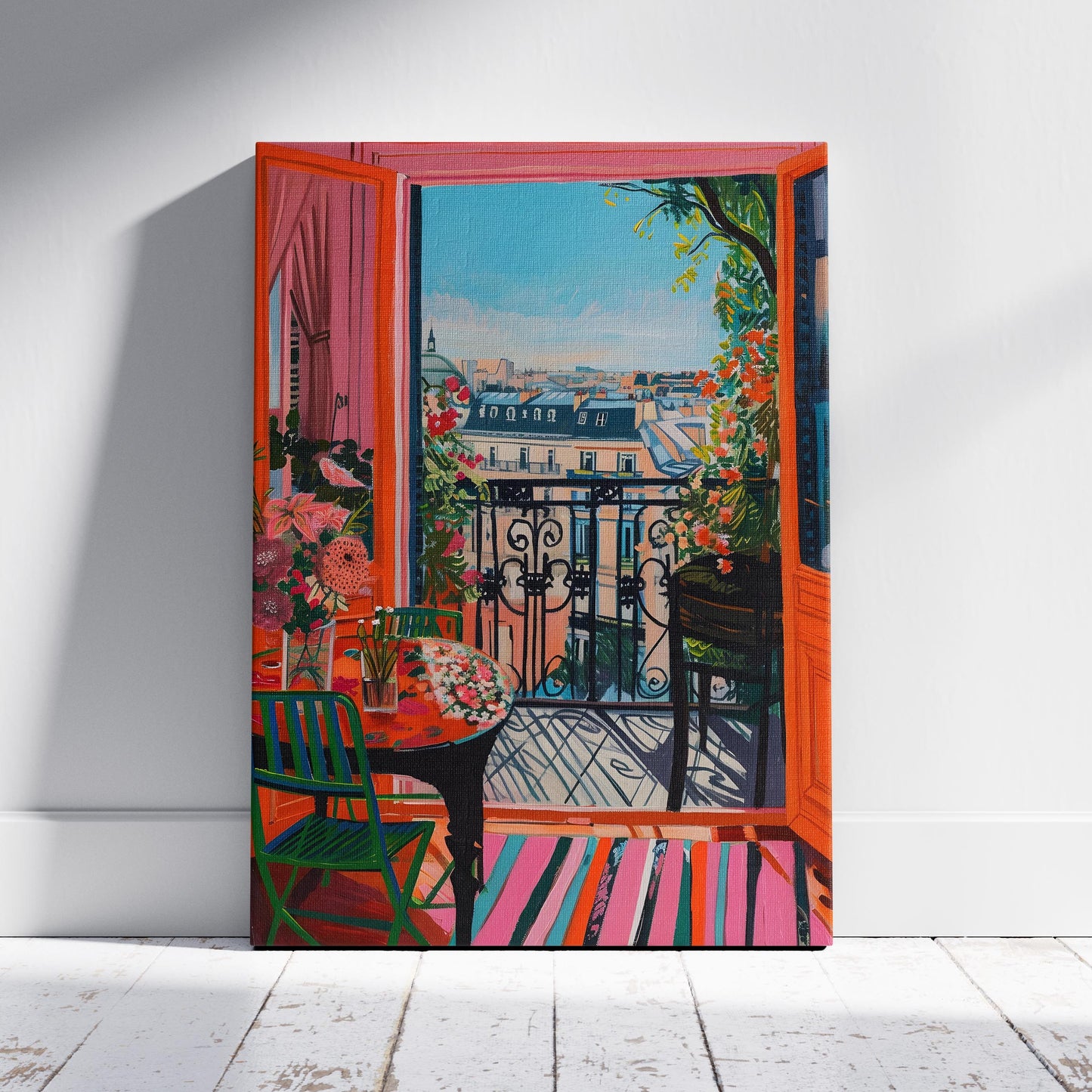 Parisian Balcony in Bloom - Framed Canvas Wall Art Print - House Prints