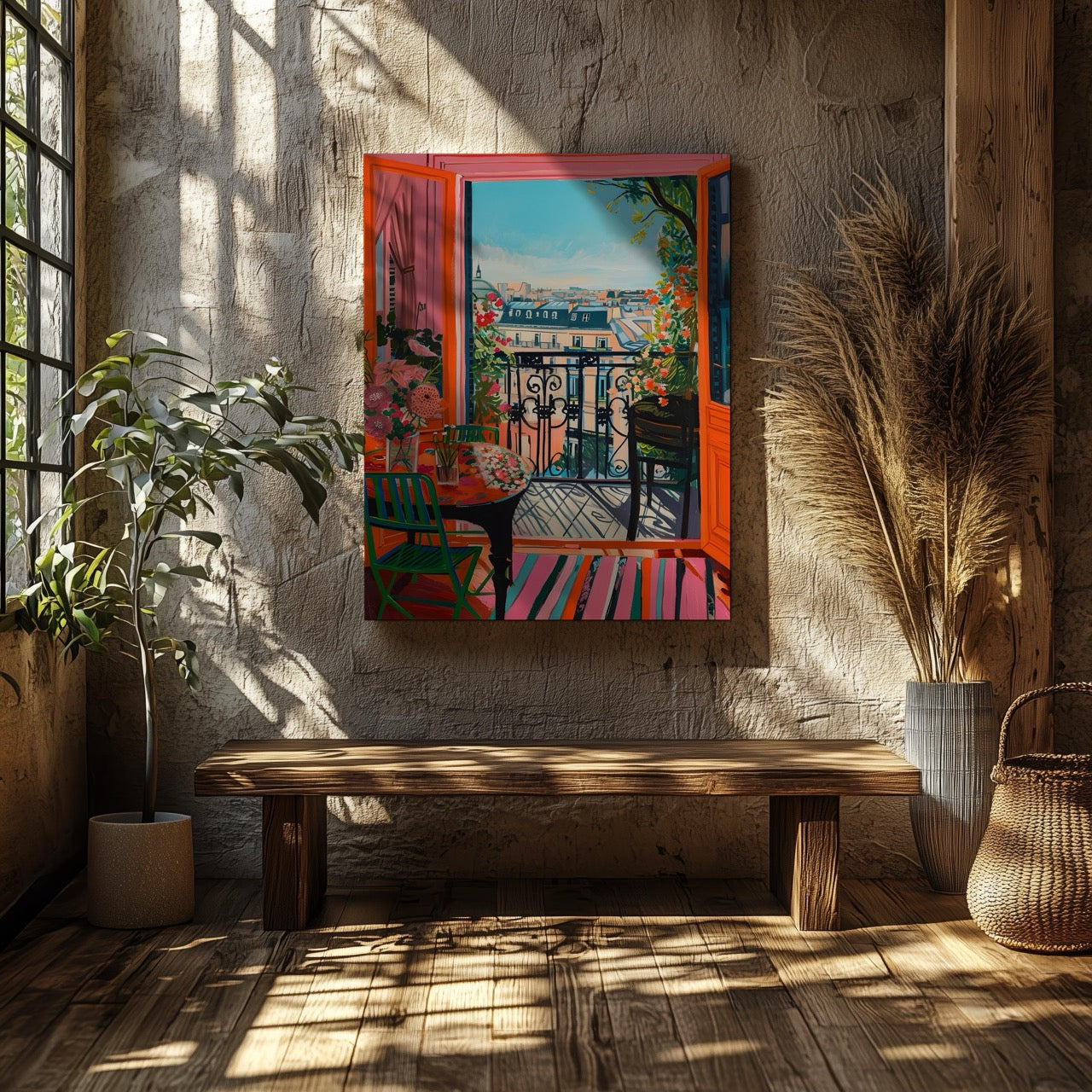 Parisian Balcony in Bloom - Framed Canvas Wall Art Print - House Prints