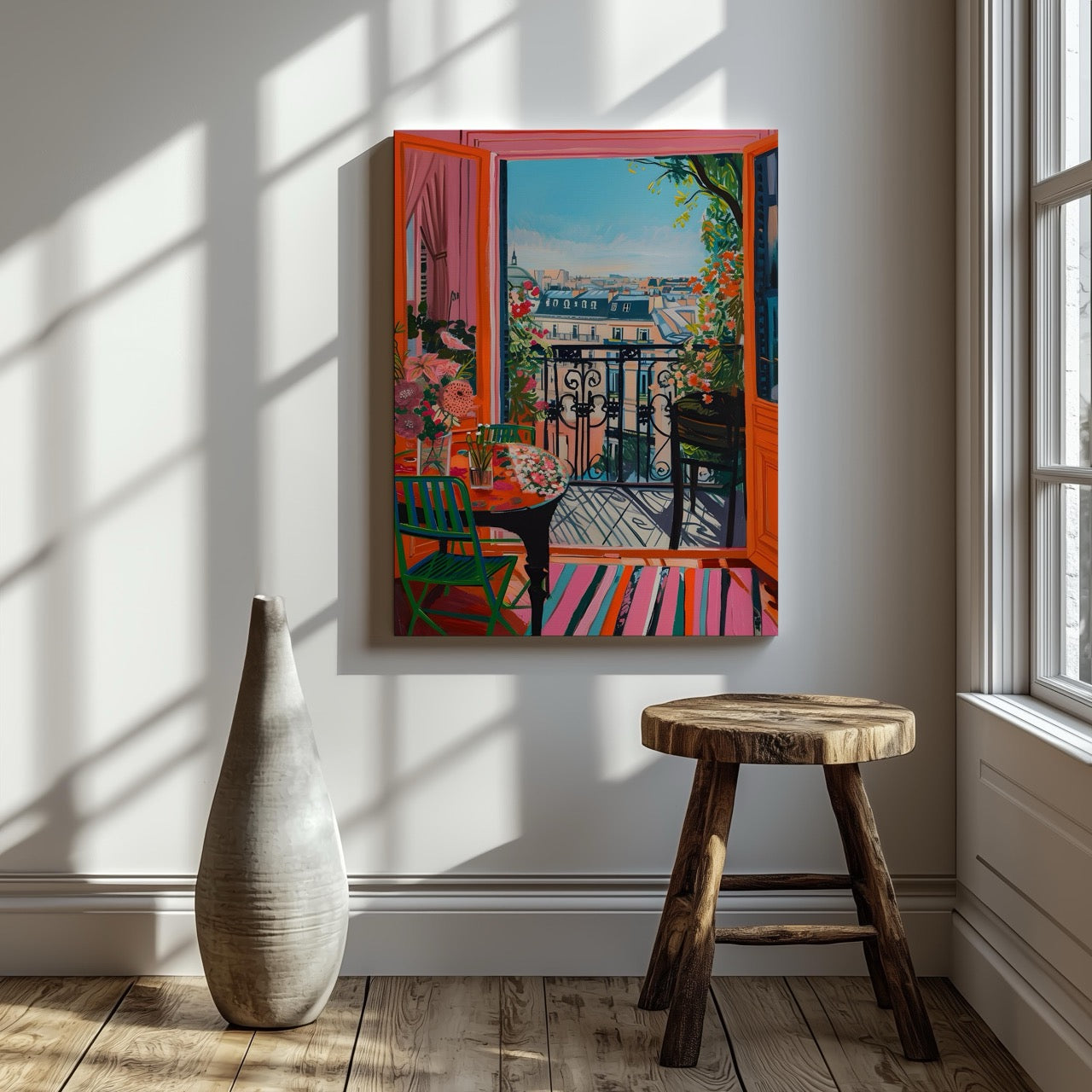 Parisian Balcony in Bloom - Framed Canvas Wall Art Print - House Prints