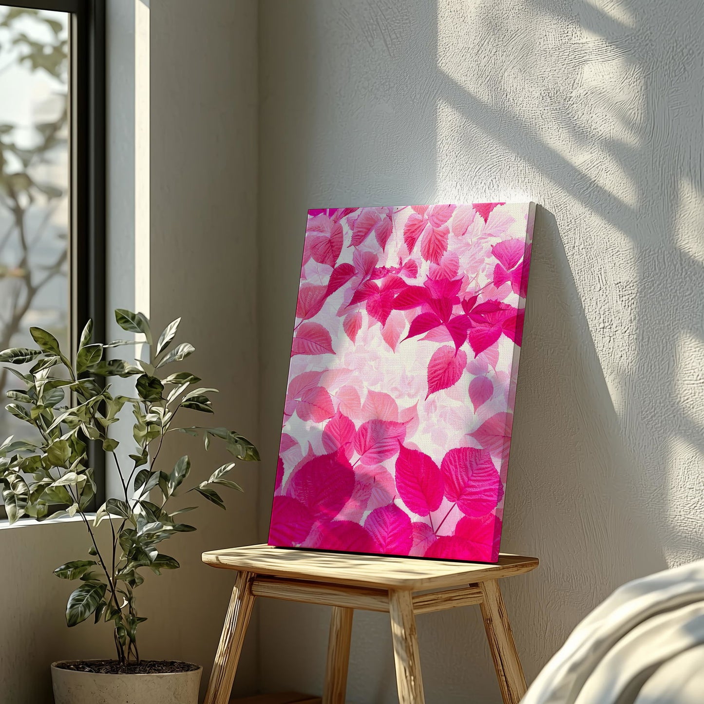 Abstract Bright Pink Floral Leaves - Framed Canvas Wall Art Print - House Prints