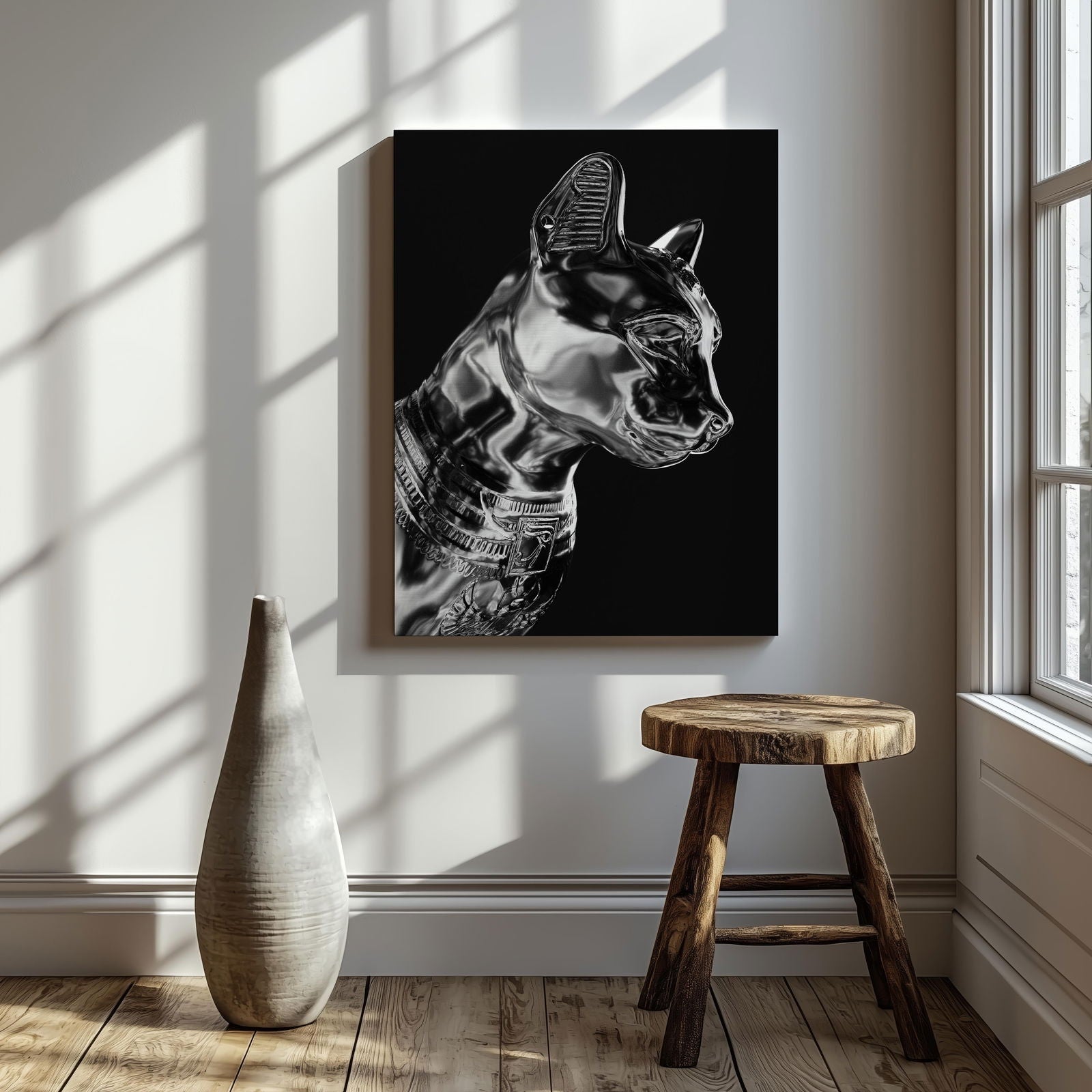 Black & Silver Chrome Sphynx Statue - Framed Canvas Wall Art Print | House Prints