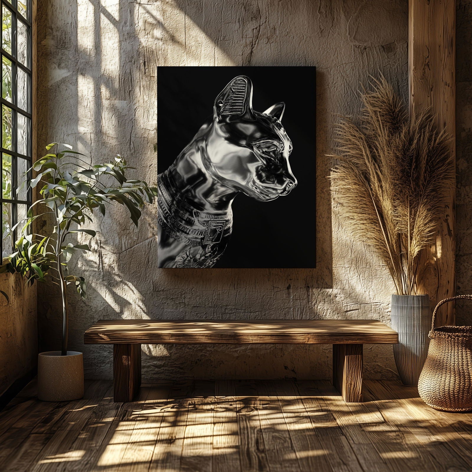 Black & Silver Chrome Sphynx Statue - Framed Canvas Wall Art Print | House Prints