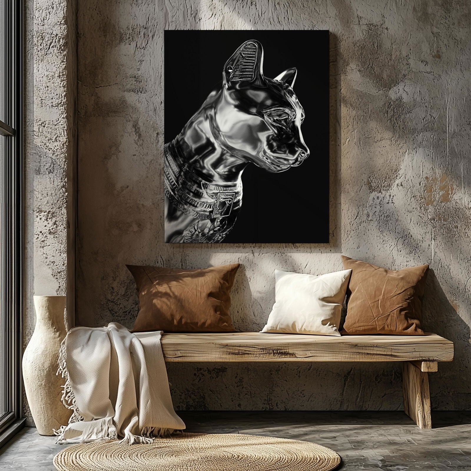 Black & Silver Chrome Sphynx Statue - Framed Canvas Wall Art Print | House Prints