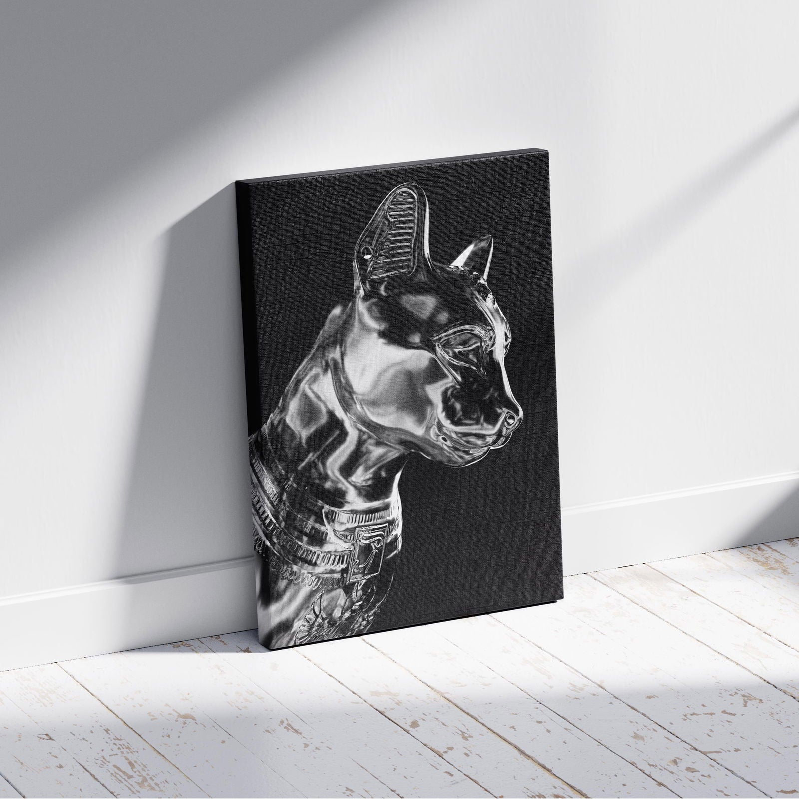 Black & Silver Chrome Sphynx Statue - Framed Canvas Wall Art Print | House Prints