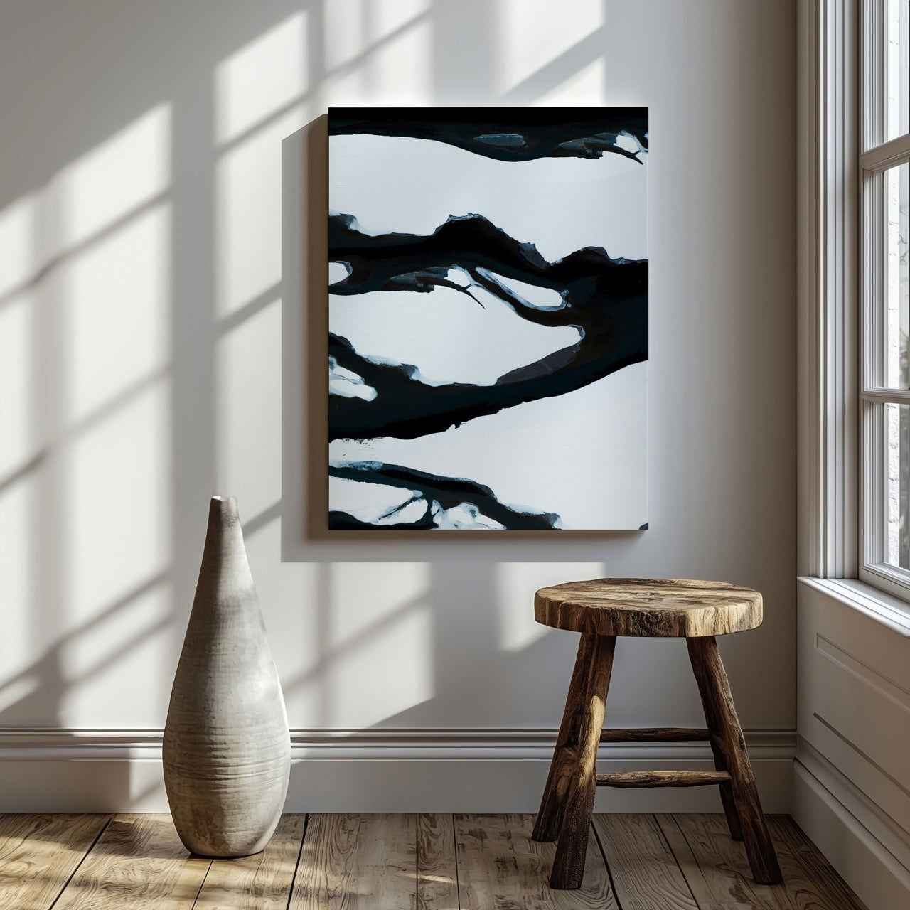 Black & White Abstract Ice Break - Framed Canvas Wall Art Print - House Prints