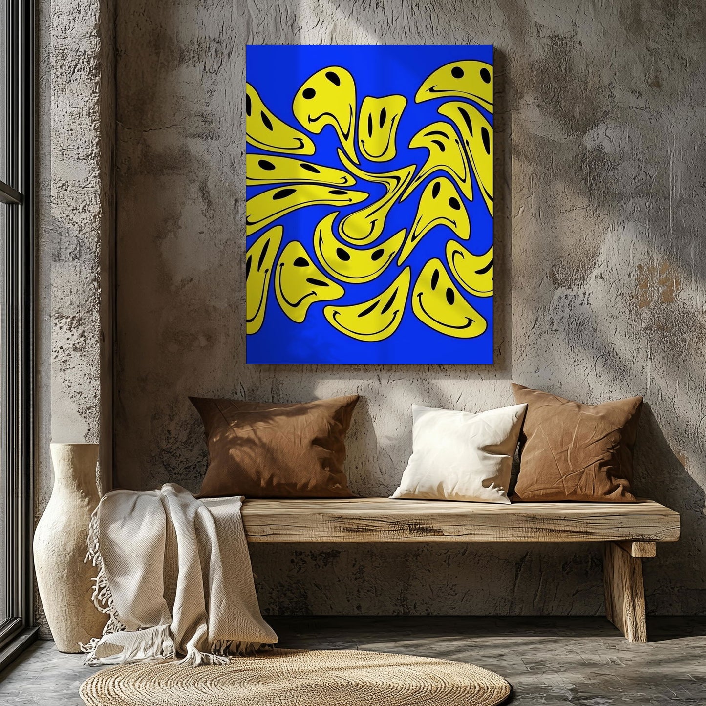 Blue Abstract Warped Smiley Faces - Framed Canvas Wall Art Print - House Prints