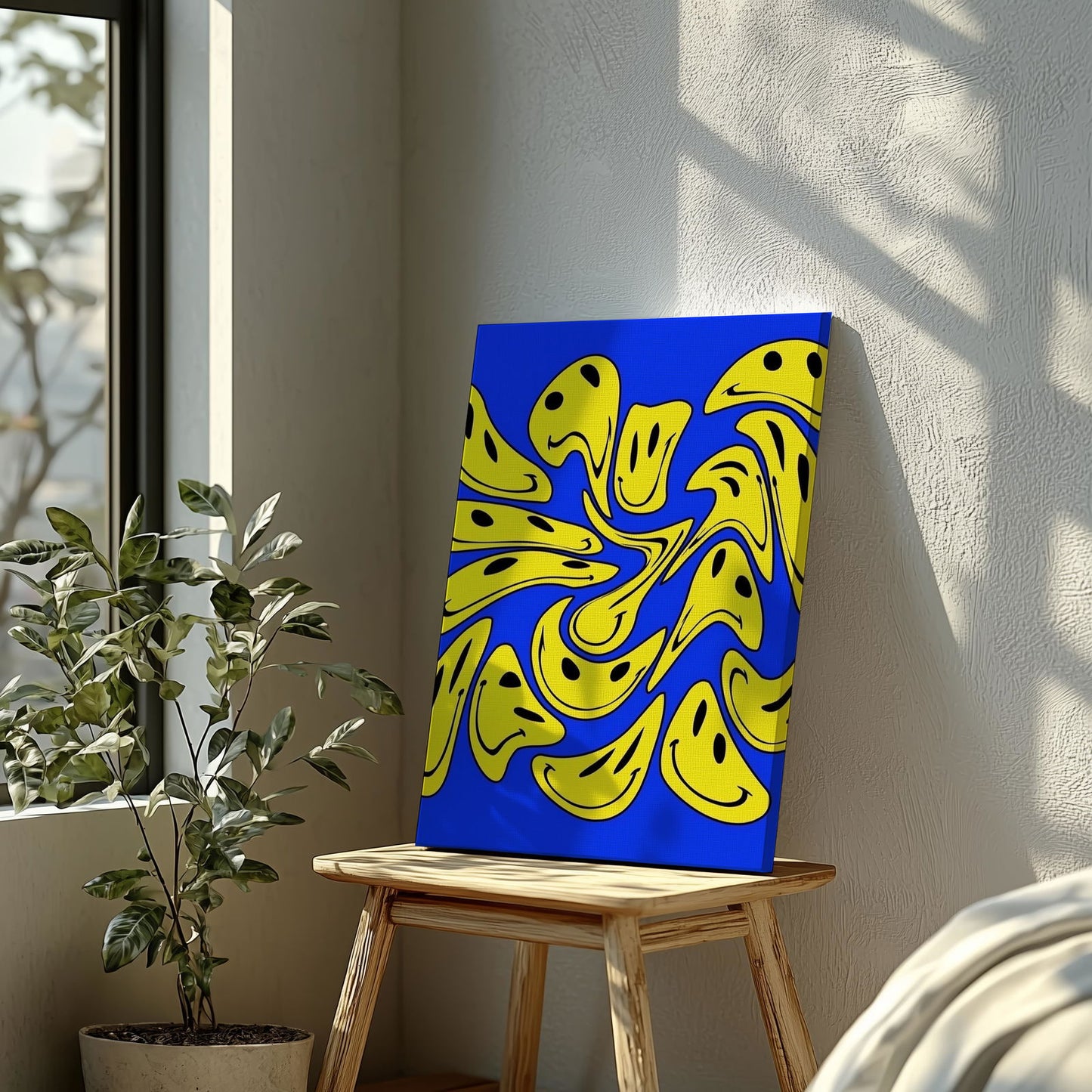 Blue Abstract Warped Smiley Faces - Framed Canvas Wall Art Print - House Prints