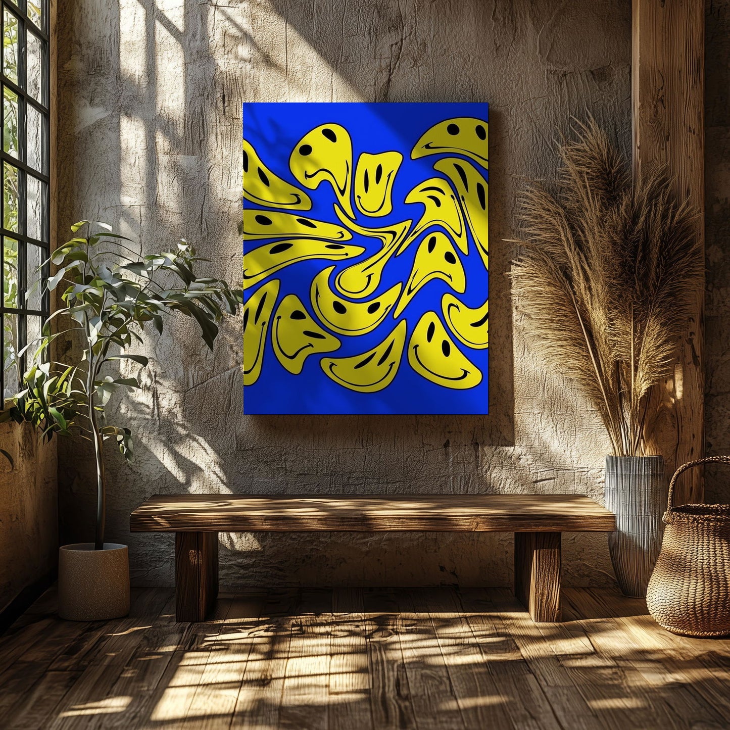 Blue Abstract Warped Smiley Faces - Framed Canvas Wall Art Print - House Prints