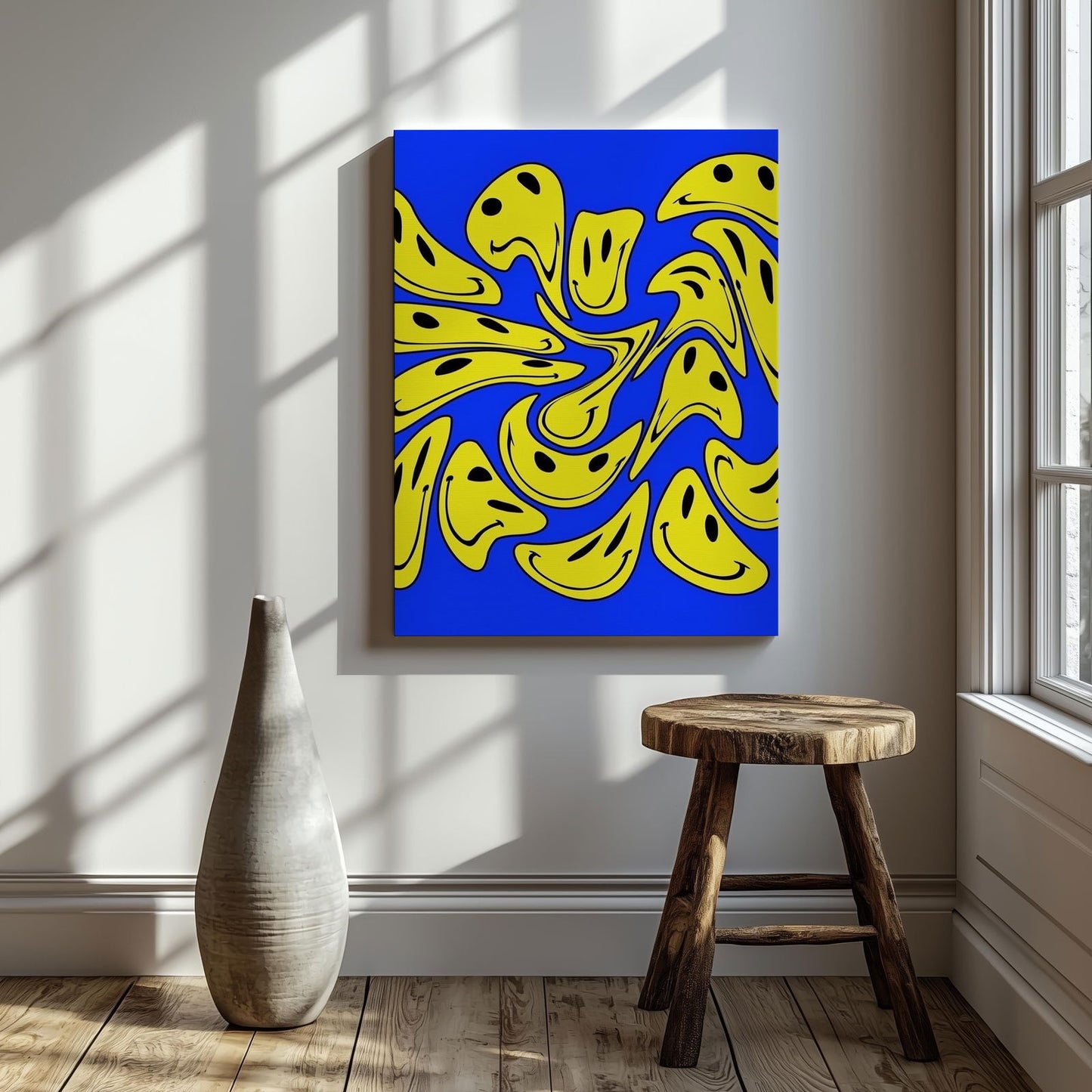 Blue Abstract Warped Smiley Faces - Framed Canvas Wall Art Print - House Prints