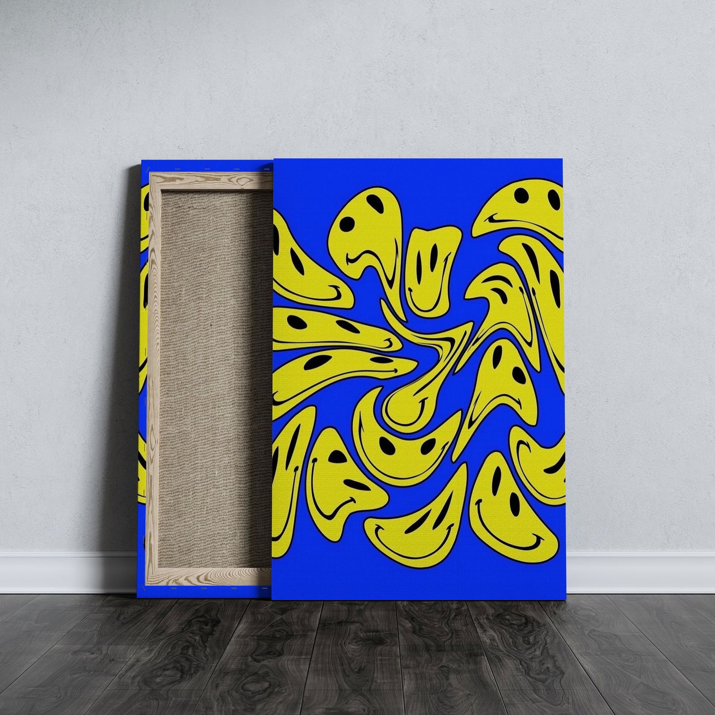 Blue Abstract Warped Smiley Faces - Framed Canvas Wall Art Print - House Prints