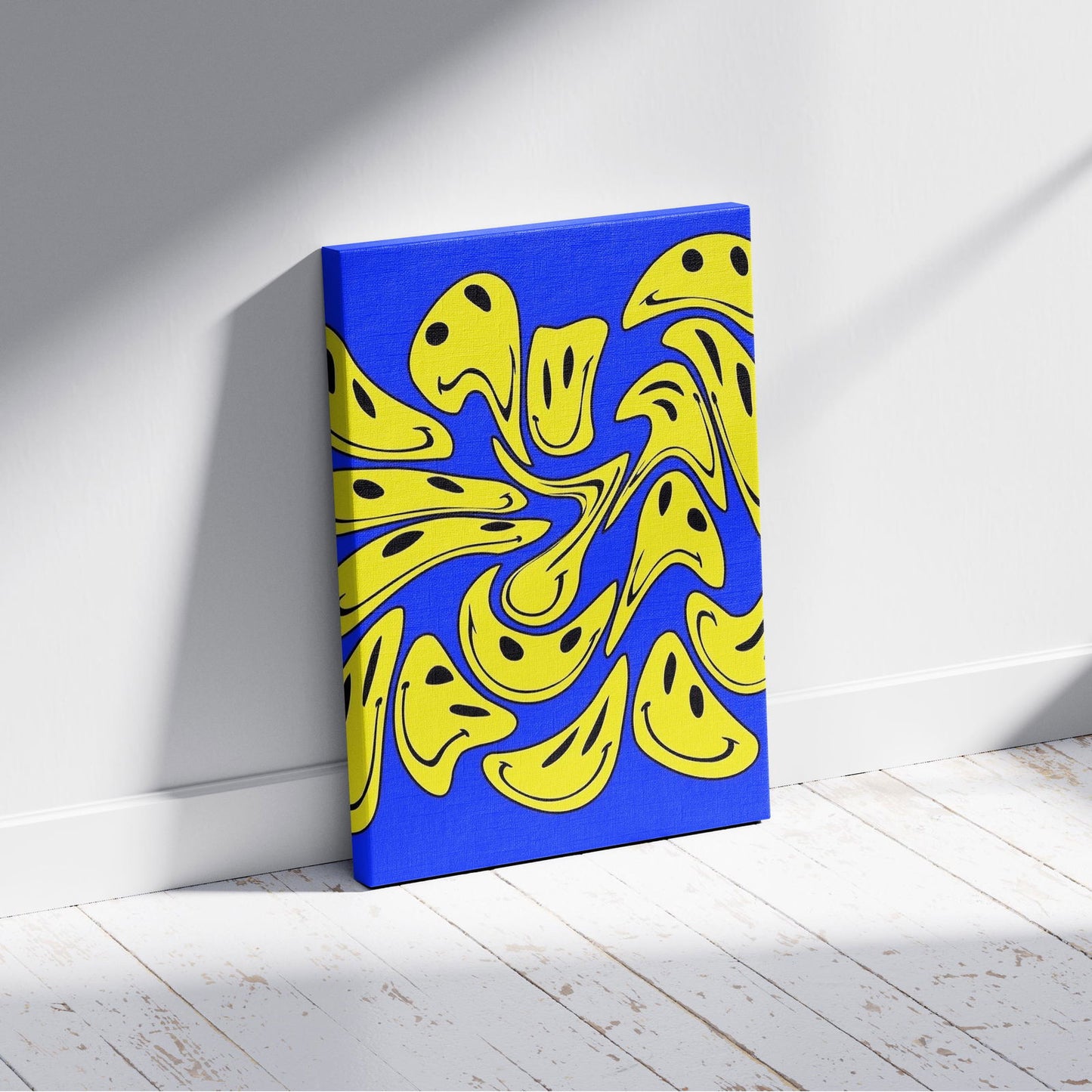 Blue Abstract Warped Smiley Faces - Framed Canvas Wall Art Print - House Prints