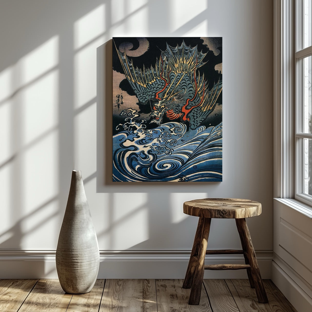 Dragon Flying Above Turbulent Waves - Utagawa Kuniyoshi - Framed Canvas Wall Art Print | House Prints