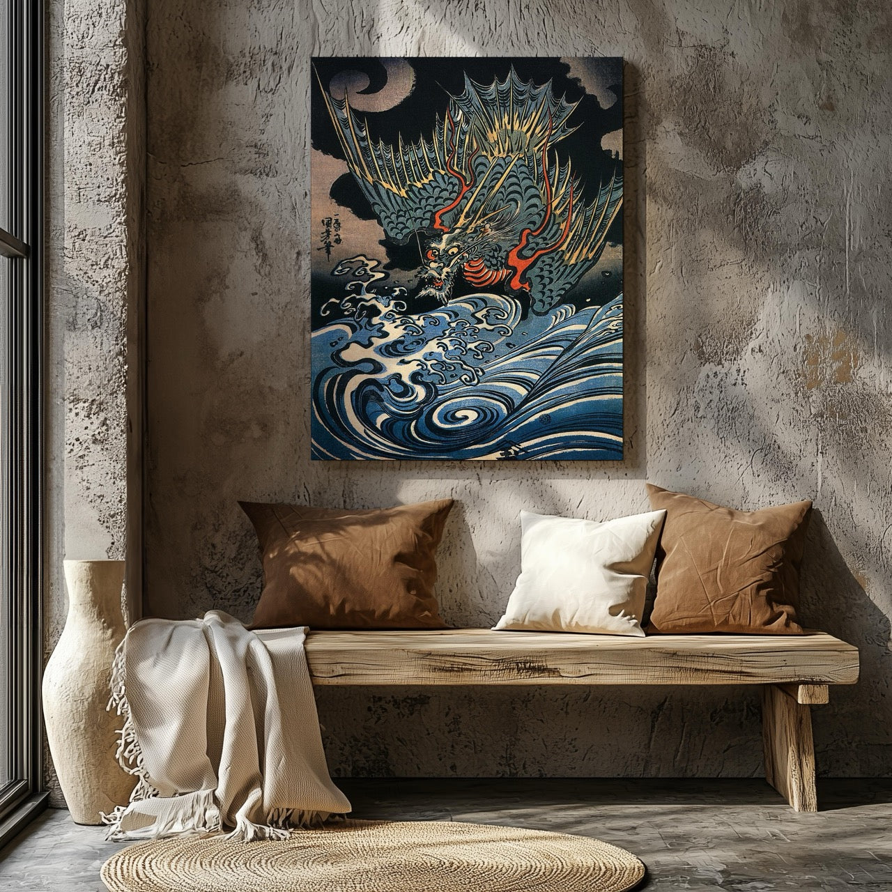 Dragon Flying Above Turbulent Waves - Utagawa Kuniyoshi - Framed Canvas Wall Art Print | House Prints