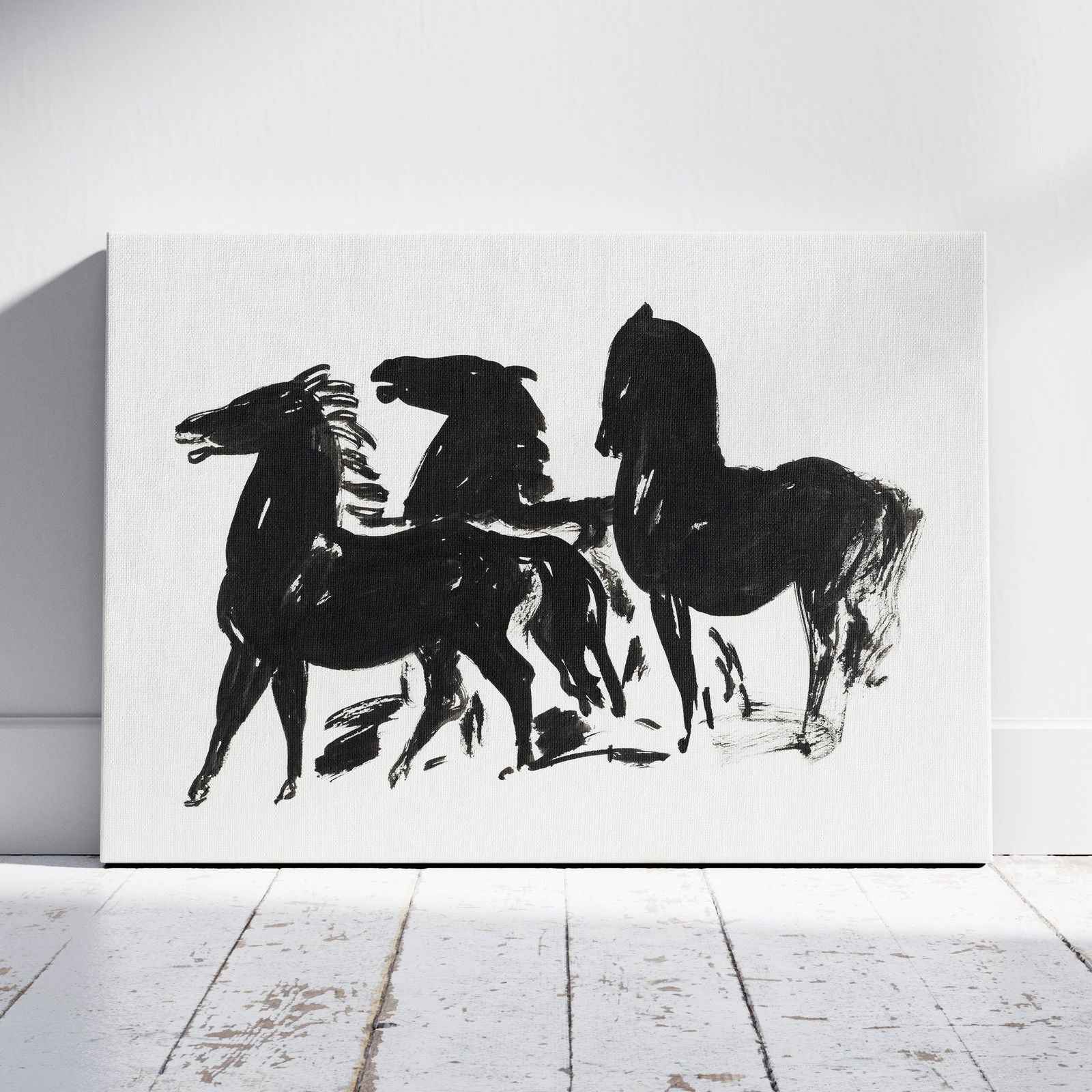 Drie Zwarte Paarden Staand Naar Links Kijkend - Leo Gestel - Framed Canvas Wall Art Print | House Prints