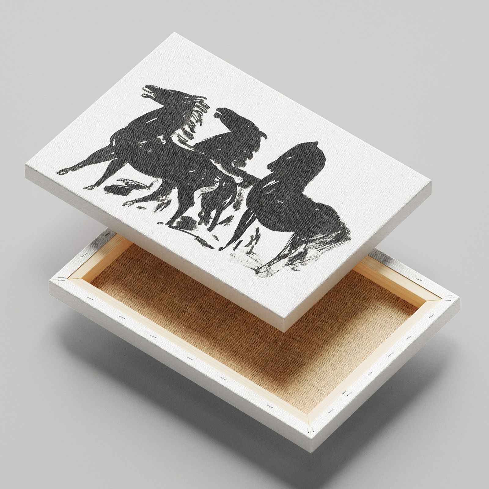 Drie Zwarte Paarden Staand Naar Links Kijkend - Leo Gestel - Framed Canvas Wall Art Print | House Prints