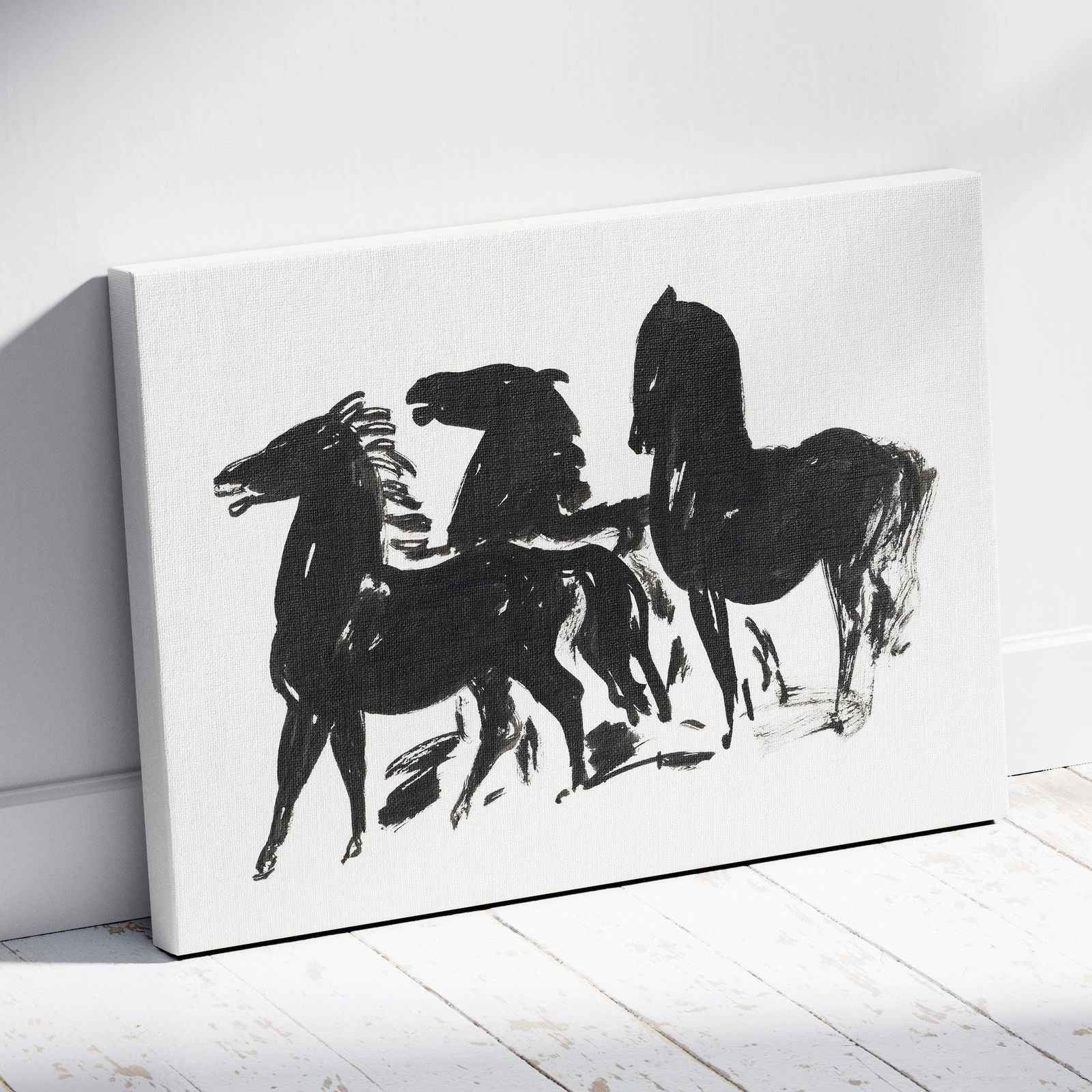 Drie Zwarte Paarden Staand Naar Links Kijkend - Leo Gestel - Framed Canvas Wall Art Print | House Prints