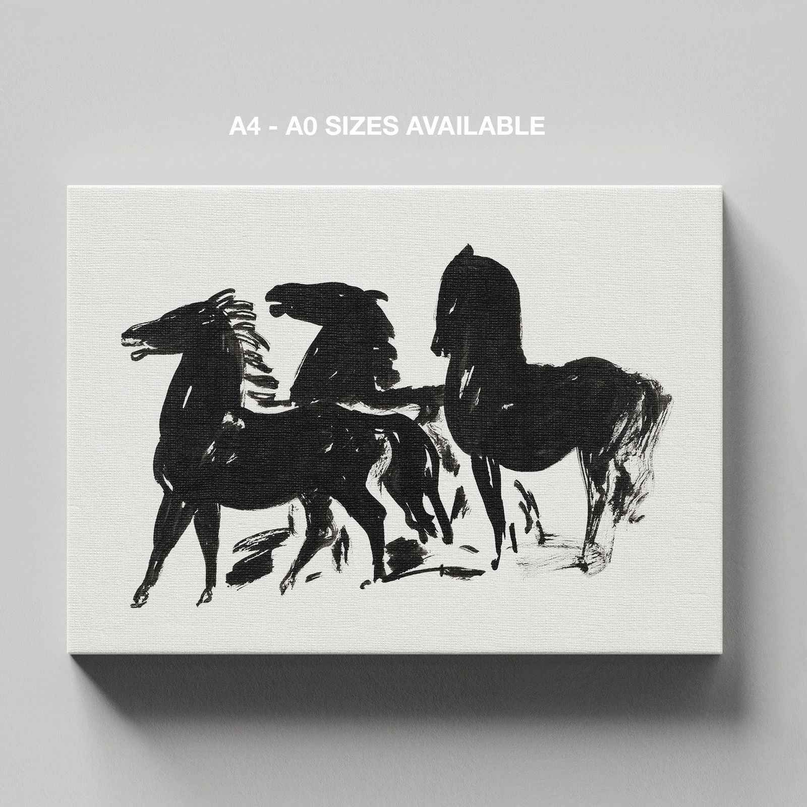 Drie Zwarte Paarden Staand Naar Links Kijkend - Leo Gestel - Framed Canvas Wall Art Print | House Prints