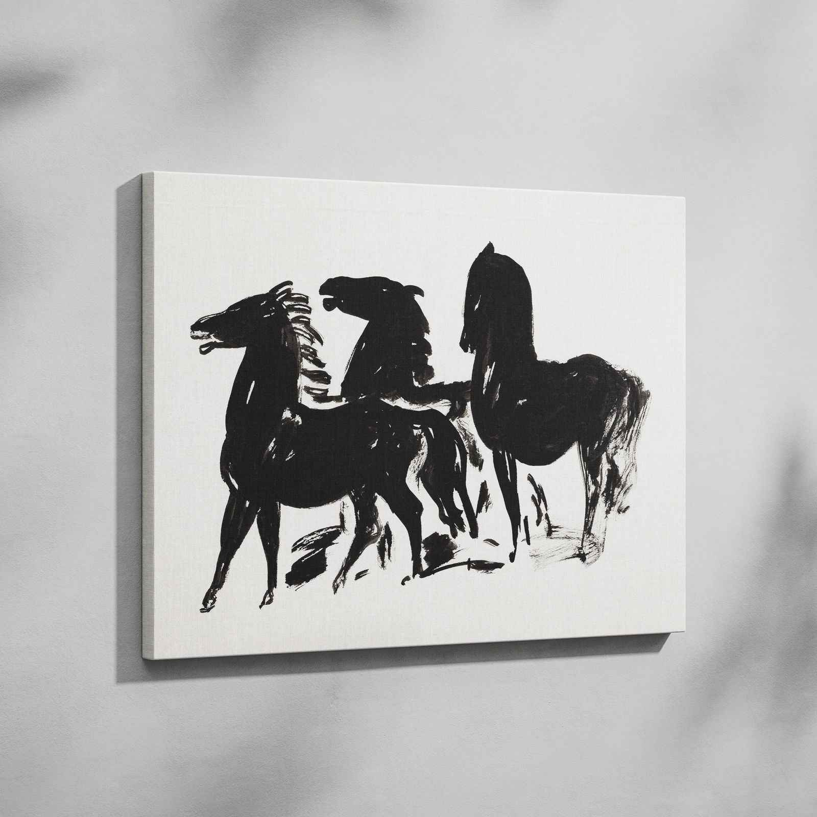 Drie Zwarte Paarden Staand Naar Links Kijkend - Leo Gestel - Framed Canvas Wall Art Print | House Prints