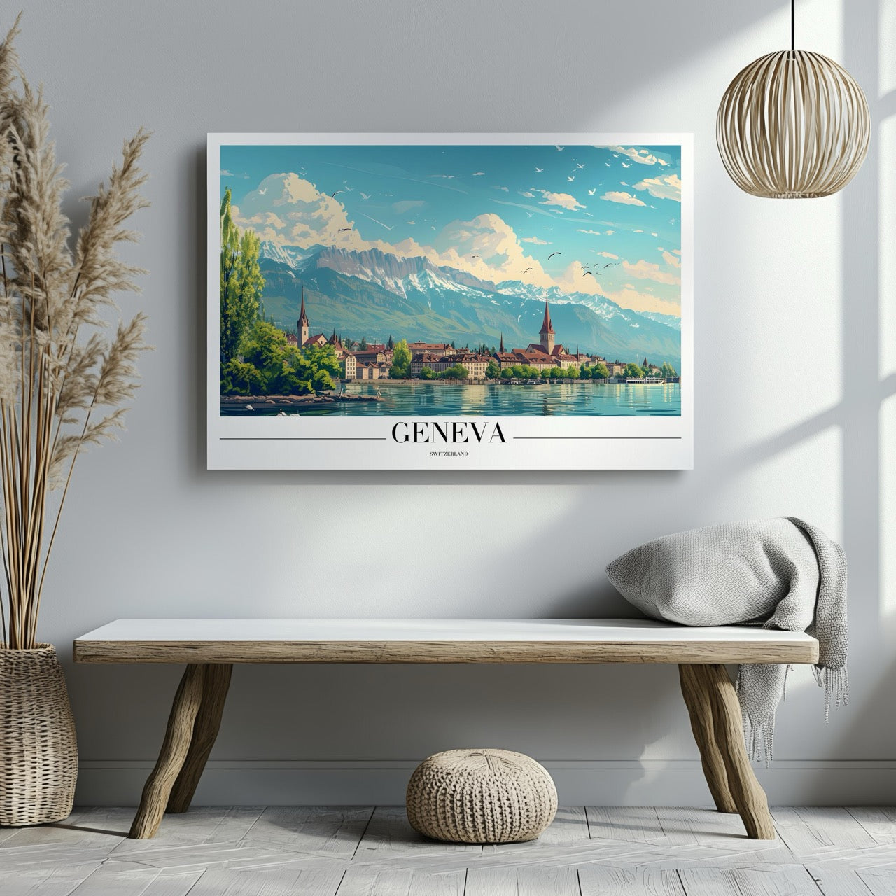 Geneva Switzerland World City Travel Art - Framed Canvas Wall Art Print - House Prints