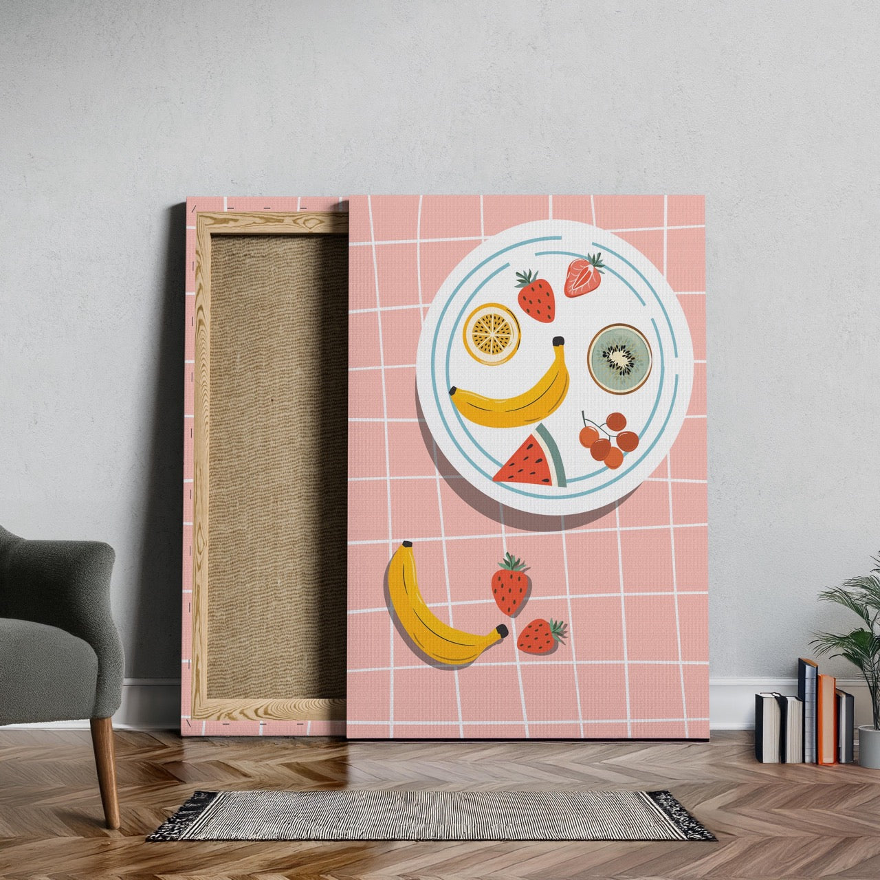 Colourful Fruit Plate on Pink - Framed Canvas Wall Art Print - House Prints
