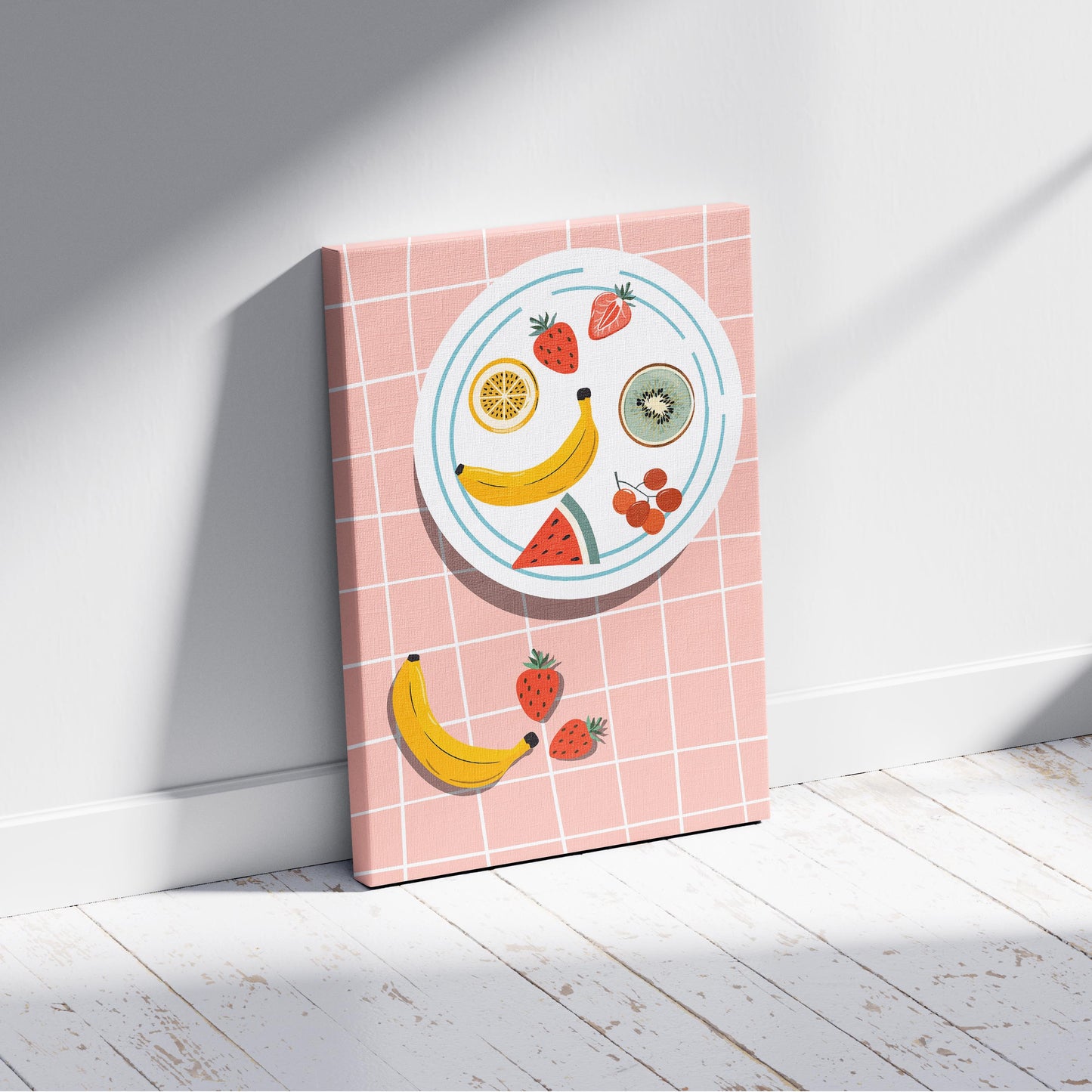 Colourful Fruit Plate on Pink - Framed Canvas Wall Art Print - House Prints