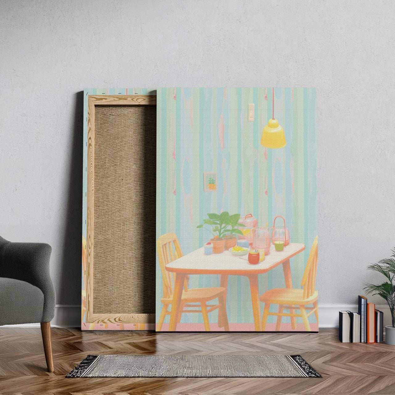 Cozy Pastel Breakfast Nook Scene - Framed Canvas Wall Art Print - House Prints