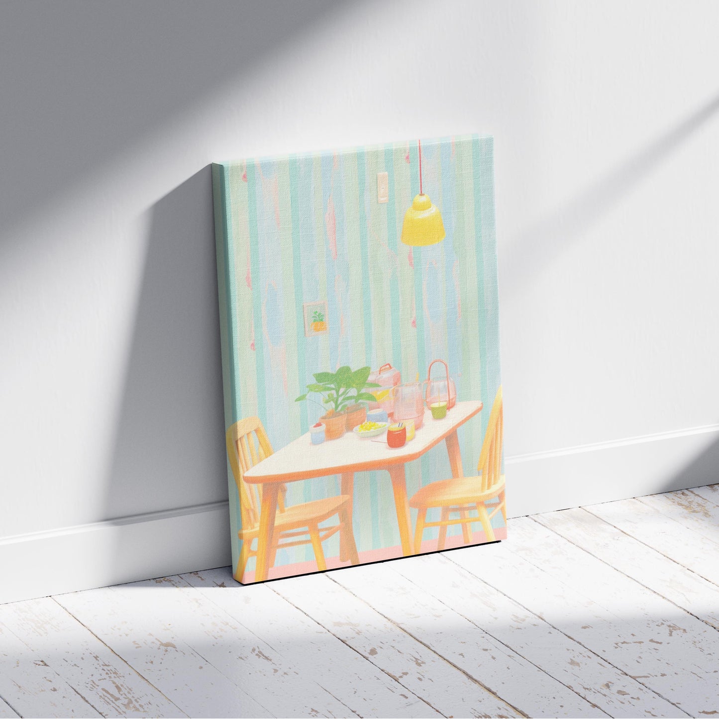Cozy Pastel Breakfast Nook Scene - Framed Canvas Wall Art Print - House Prints