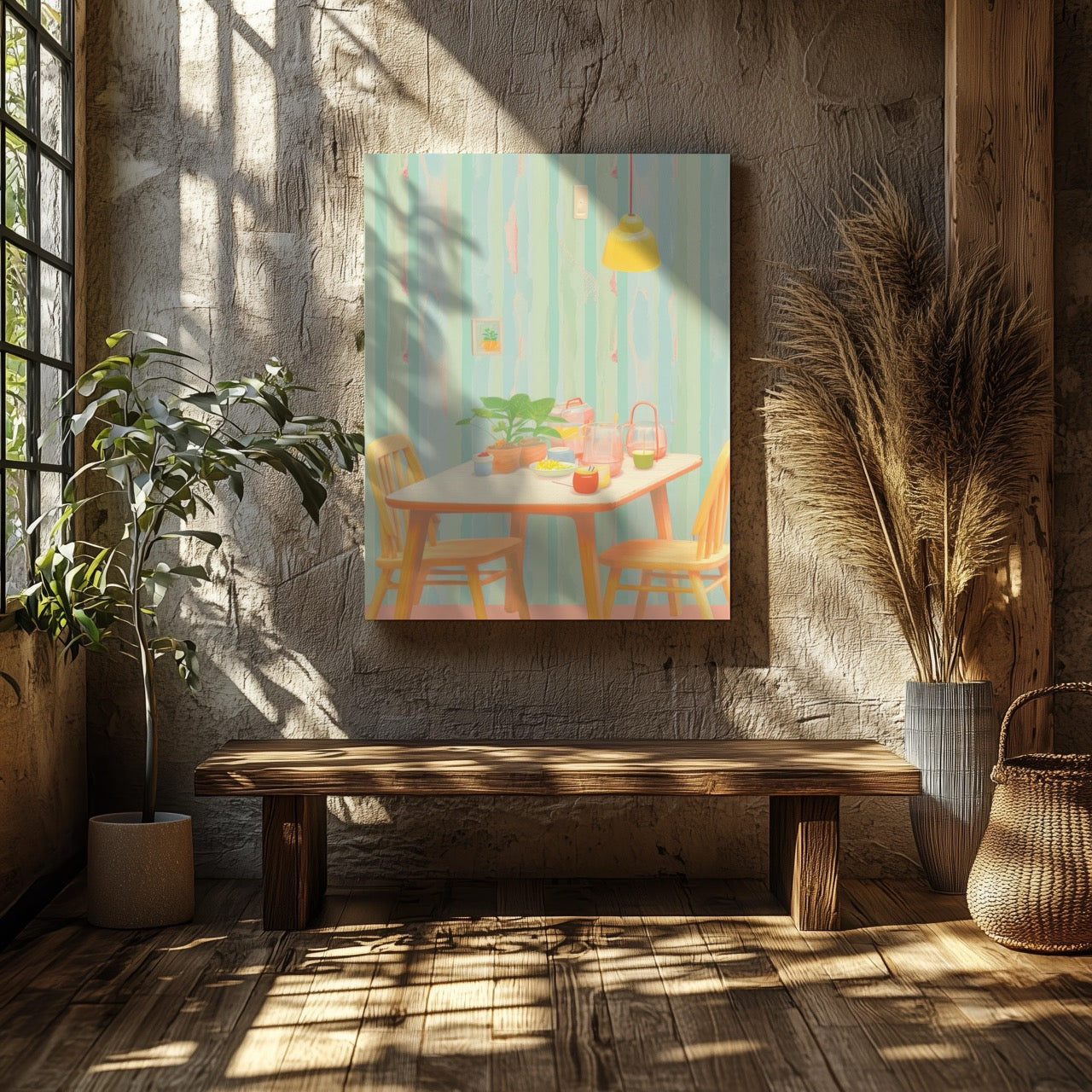 Cozy Pastel Breakfast Nook Scene - Framed Canvas Wall Art Print - House Prints