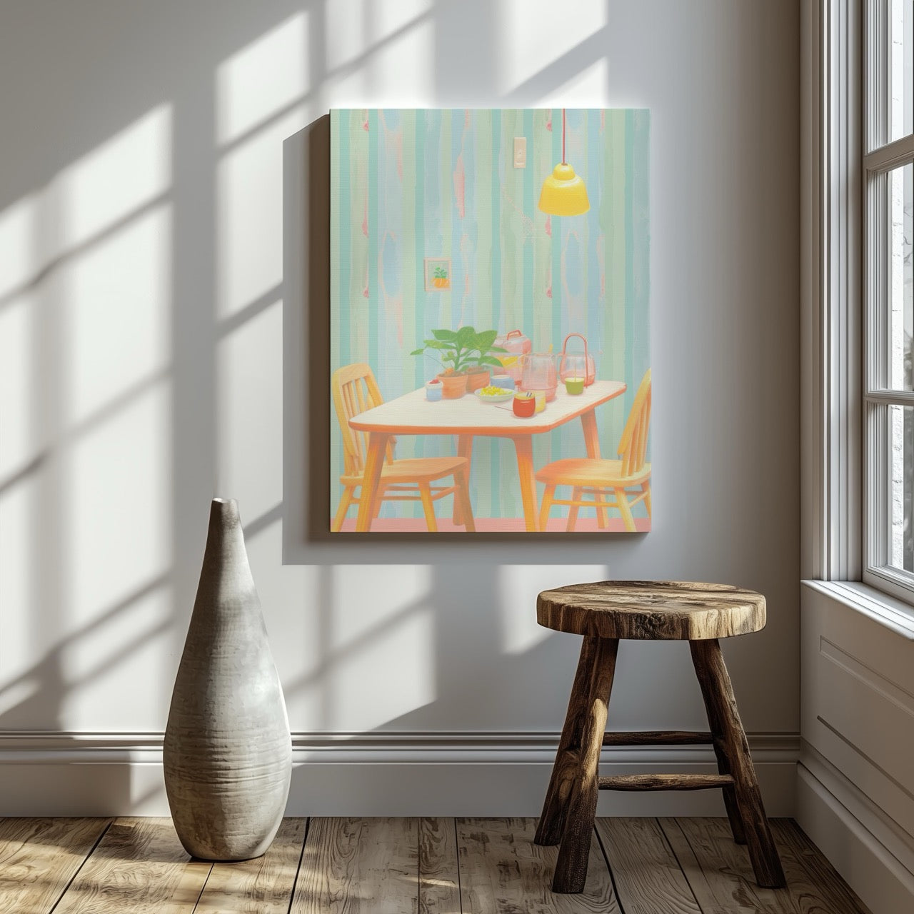 Cozy Pastel Breakfast Nook Scene - Framed Canvas Wall Art Print - House Prints