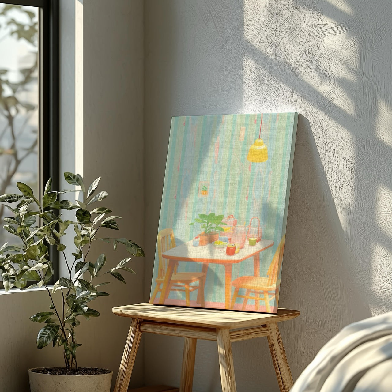 Cozy Pastel Breakfast Nook Scene - Framed Canvas Wall Art Print - House Prints