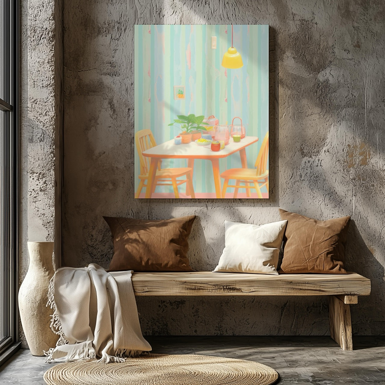 Cozy Pastel Breakfast Nook Scene - Framed Canvas Wall Art Print - House Prints