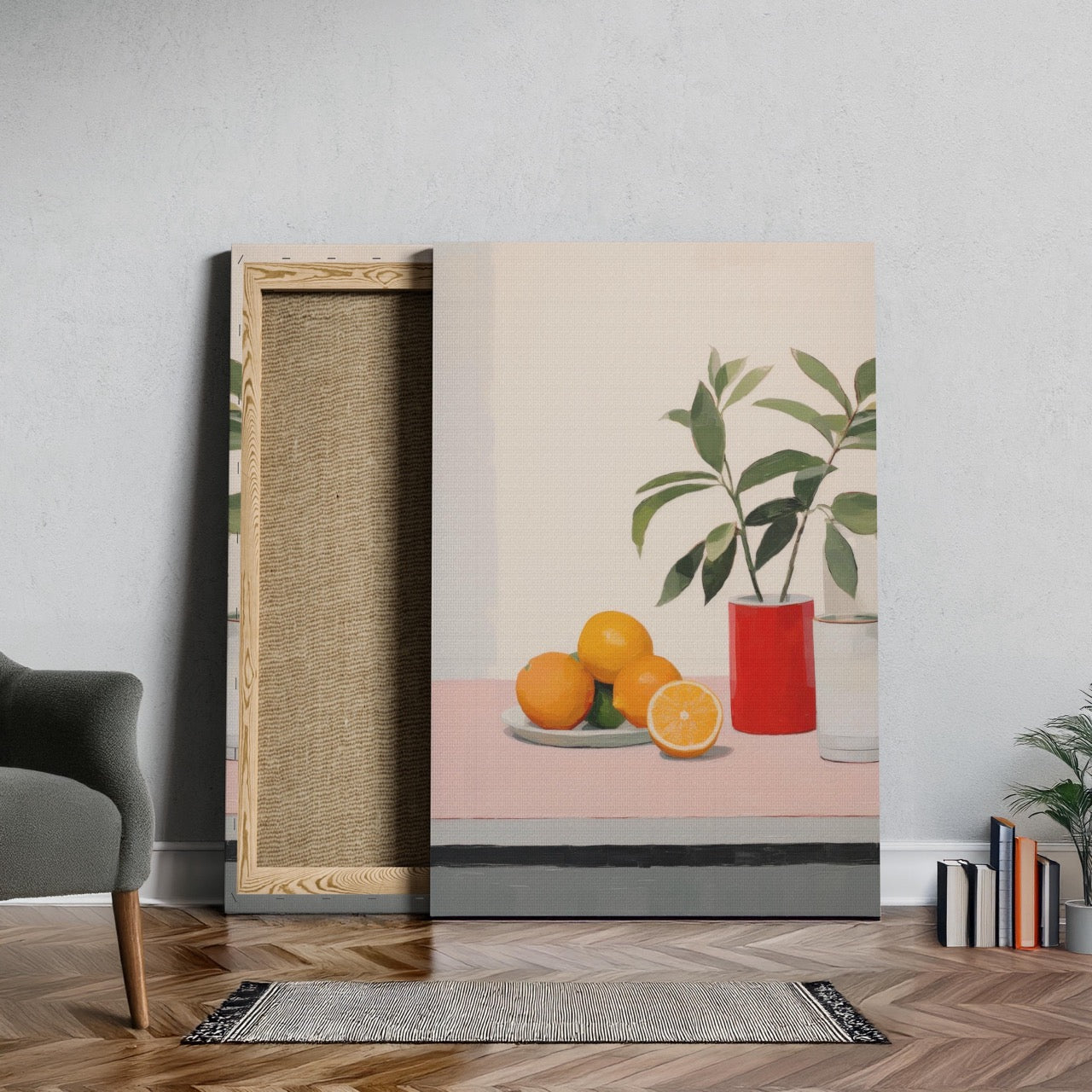 Citrus Oranges and Red Vase Still Life - Framed Canvas Wall Art Print - House Prints