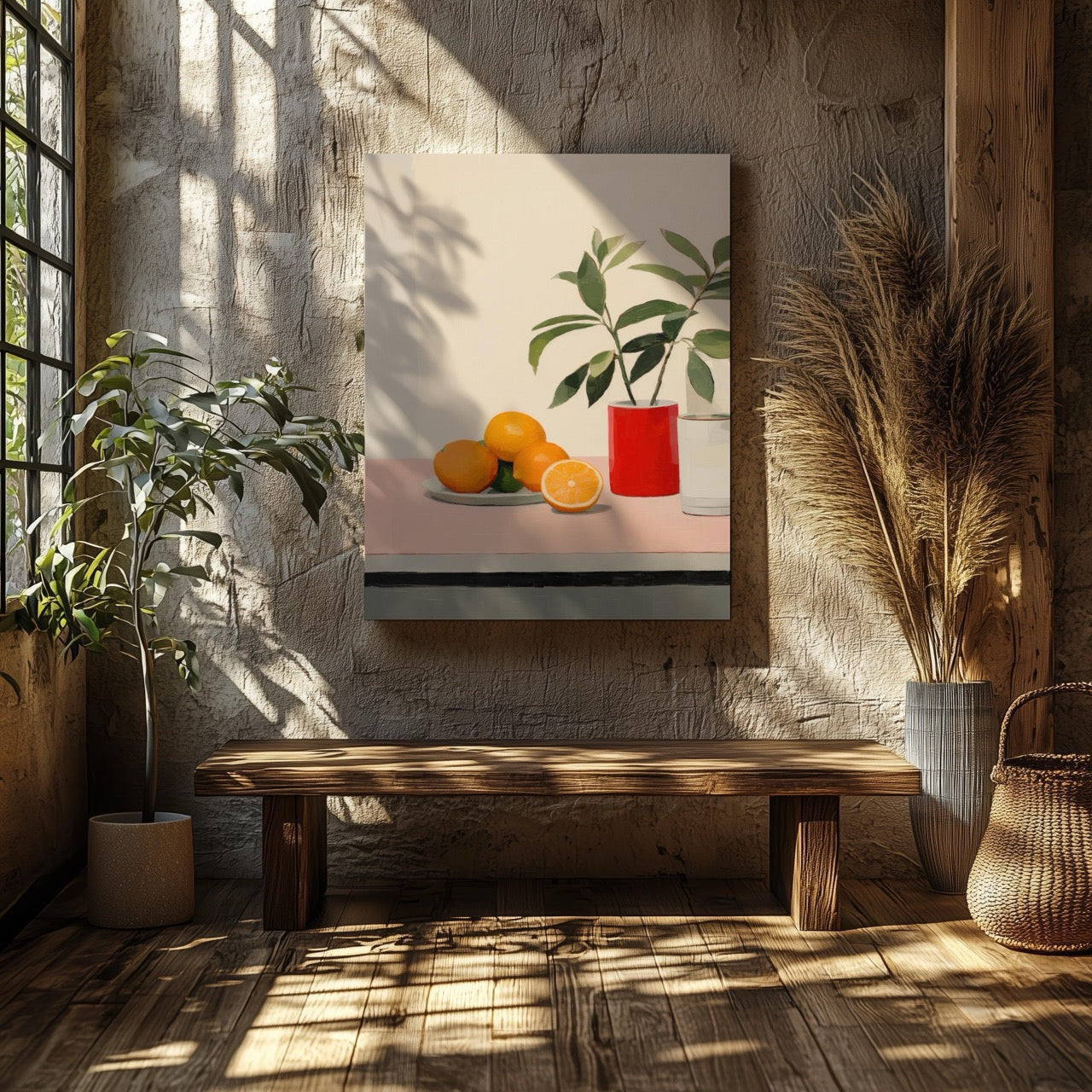 Citrus Oranges and Red Vase Still Life - Framed Canvas Wall Art Print - House Prints