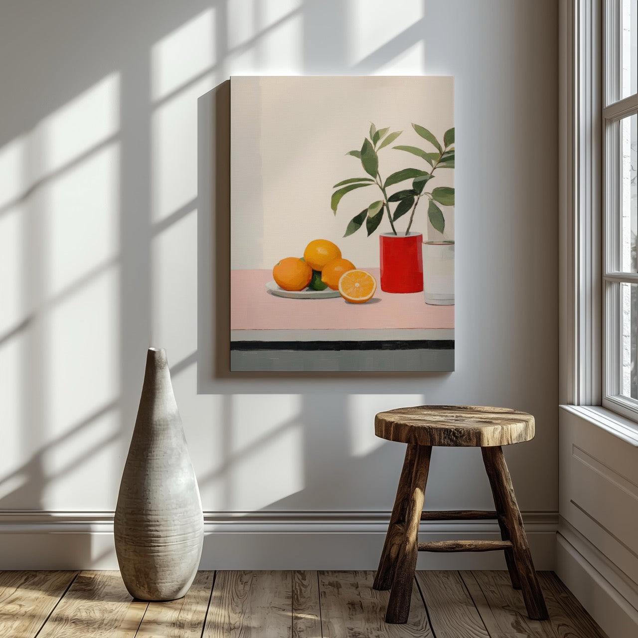 Citrus Oranges and Red Vase Still Life - Framed Canvas Wall Art Print - House Prints
