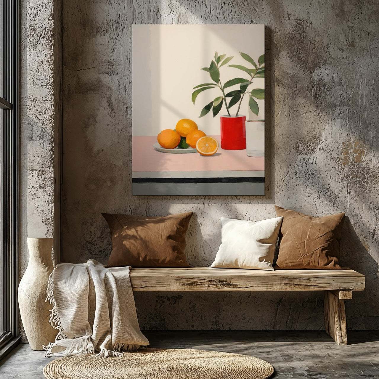 Citrus Oranges and Red Vase Still Life - Framed Canvas Wall Art Print - House Prints
