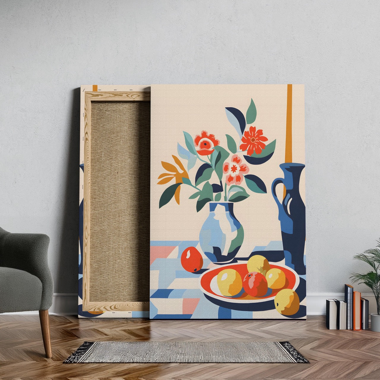 Vibrant Florals and Citrus in Blue Vase - Framed Canvas Wall Art Print - House Prints
