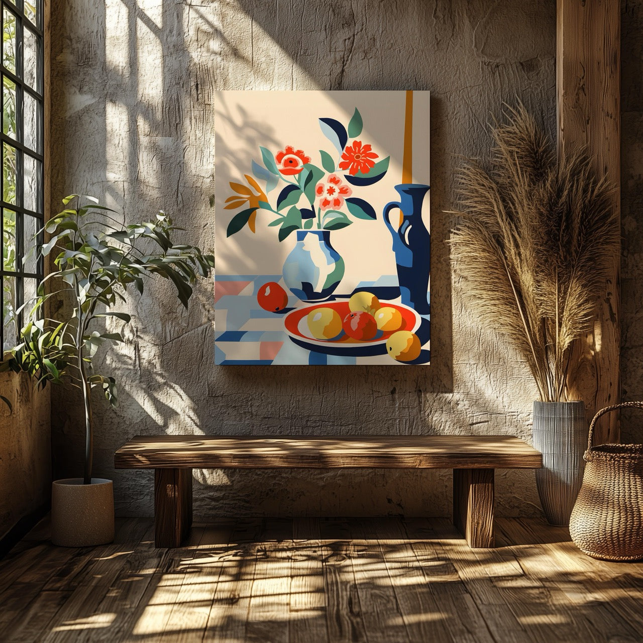 Vibrant Florals and Citrus in Blue Vase - Framed Canvas Wall Art Print - House Prints