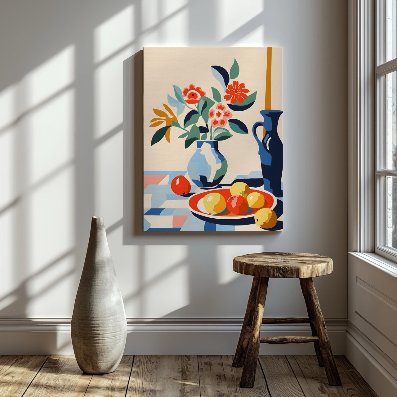 Vibrant Florals and Citrus in Blue Vase - Framed Canvas Wall Art Print - House Prints