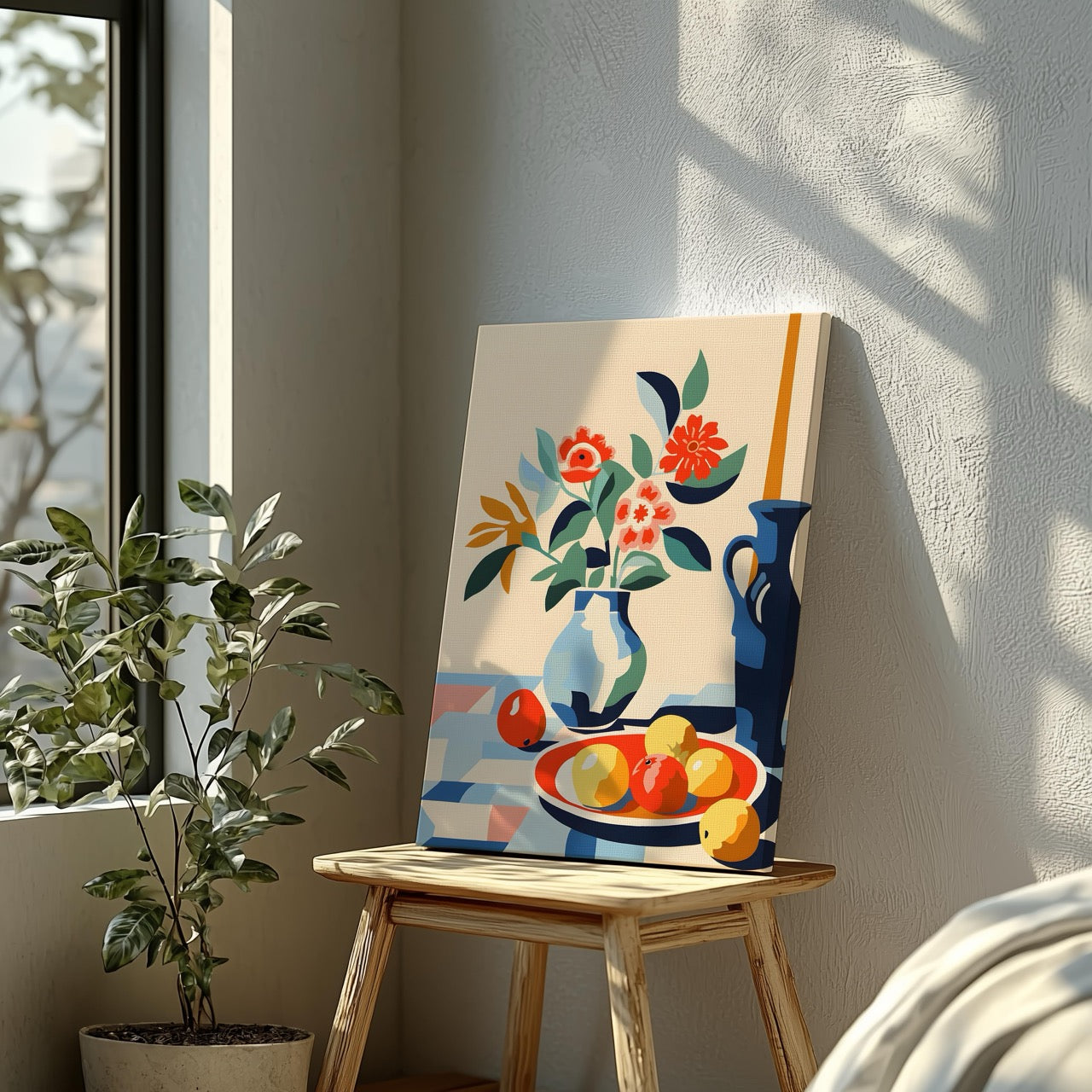 Vibrant Florals and Citrus in Blue Vase - Framed Canvas Wall Art Print - House Prints