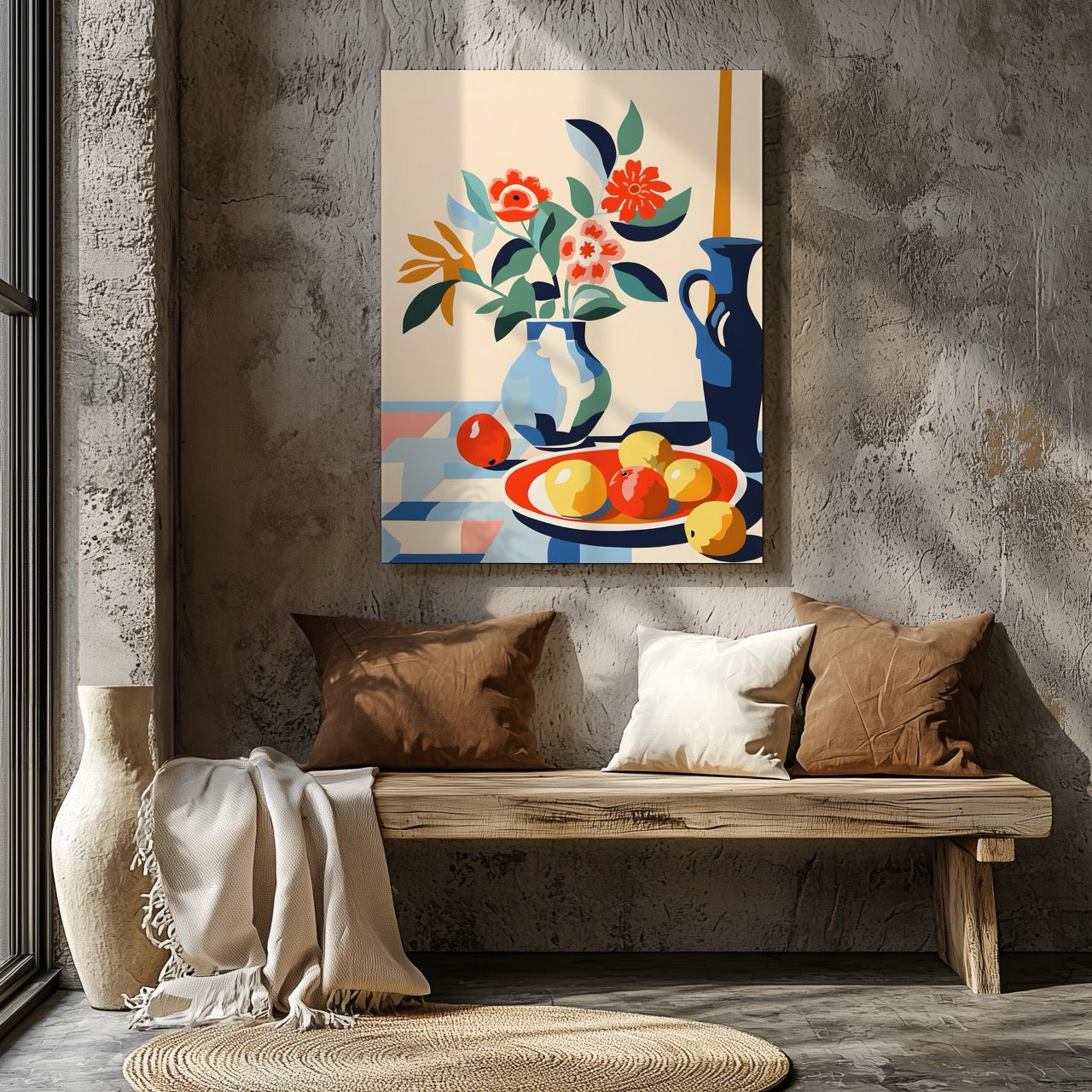 Vibrant Florals and Citrus in Blue Vase - Framed Canvas Wall Art Print - House Prints
