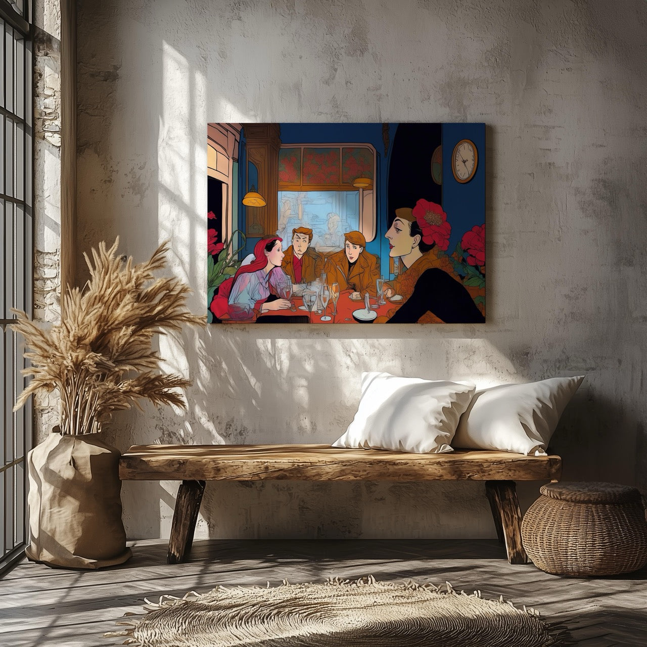 Elegant Café Conversations Vintage Illustration - Framed Canvas Wall Art Print - House Prints