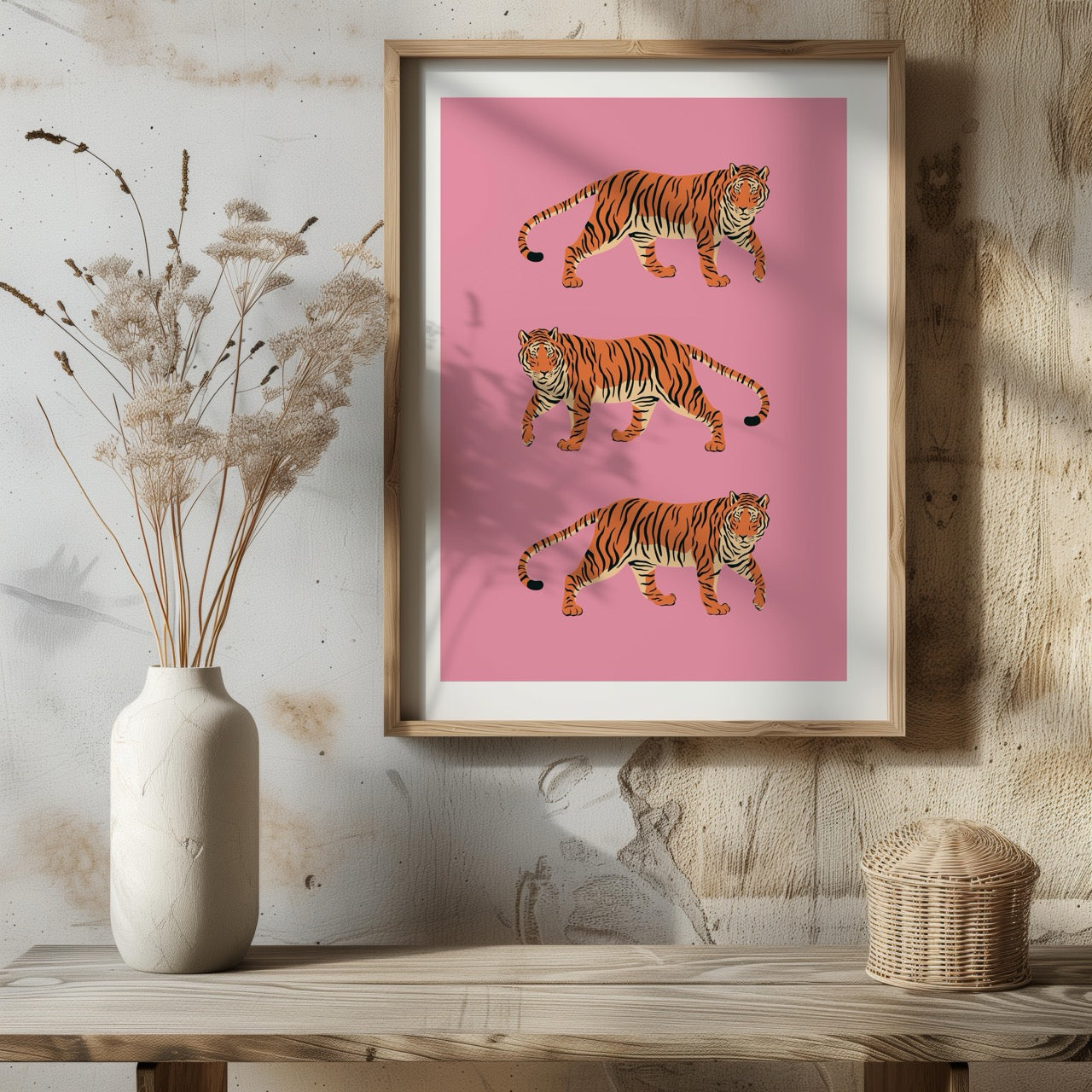 Bold Pink Stride of Tigers - Rolled Poster Wall Art Print | House Prints