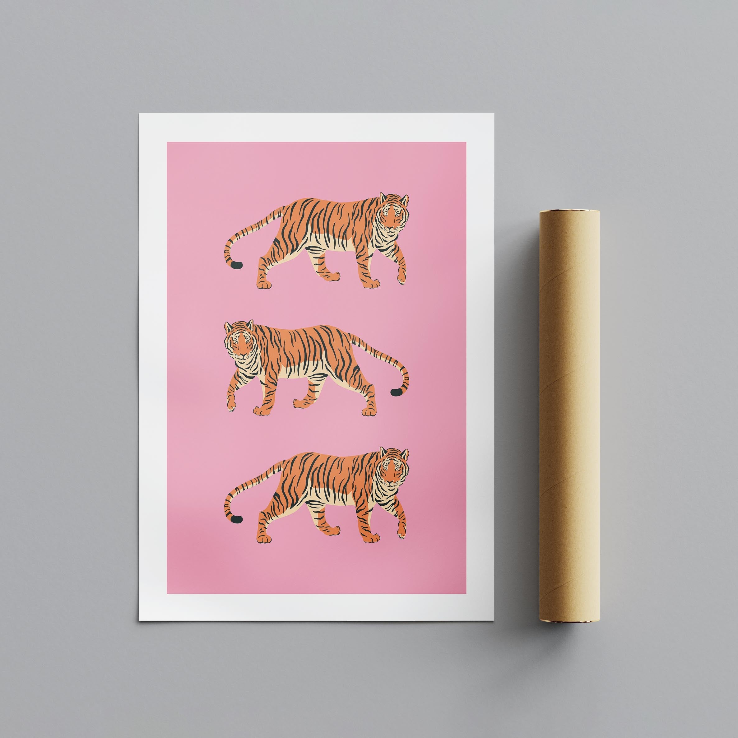 Bold Pink Stride of Tigers - Rolled Poster Wall Art Print | House Prints