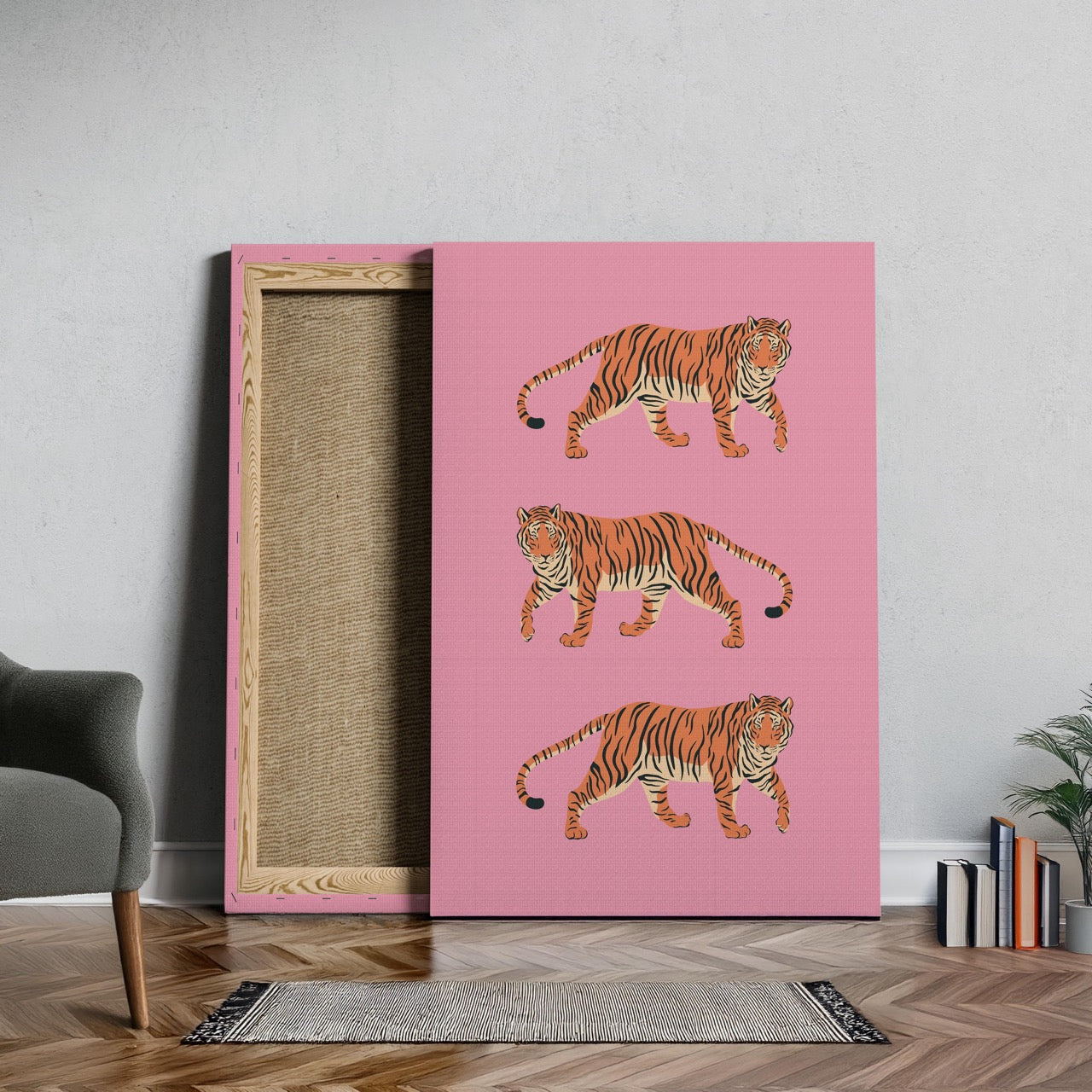 Bold Pink Stride of Tigers - Framed Canvas Wall Art Print | House Prints