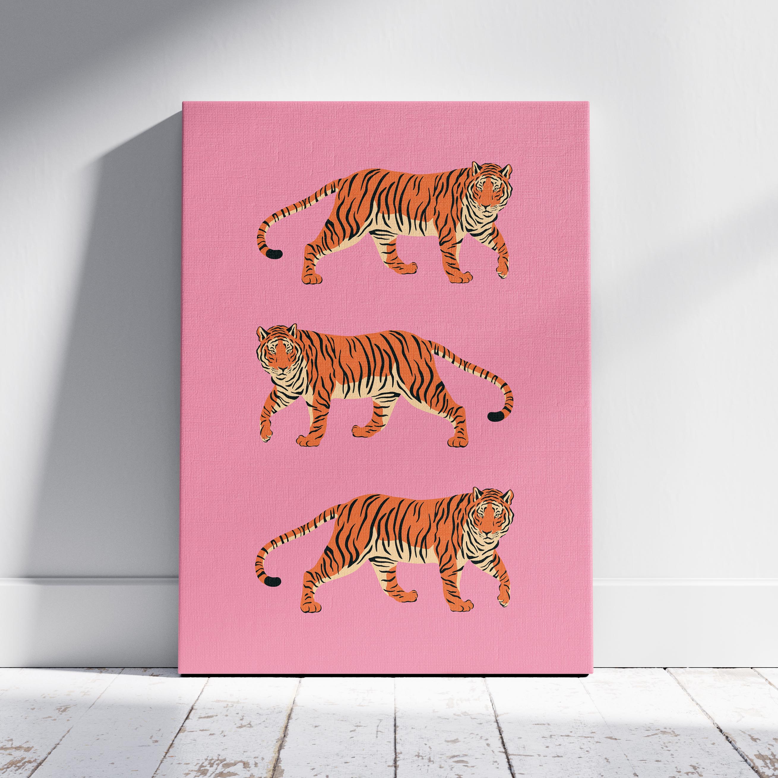 Bold Pink Stride of Tigers - Framed Canvas Wall Art Print | House Prints