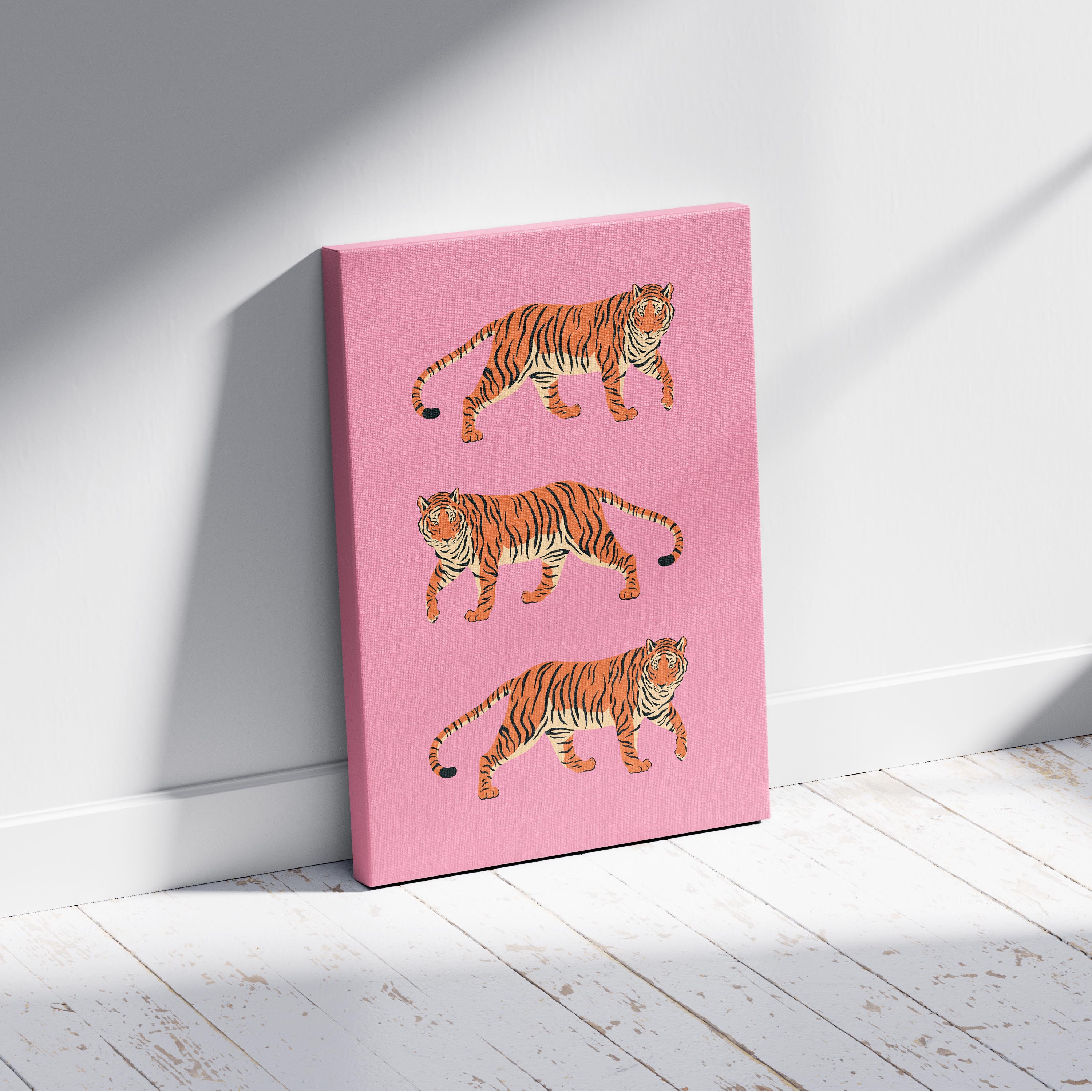 Bold Pink Stride of Tigers - Framed Canvas Wall Art Print | House Prints