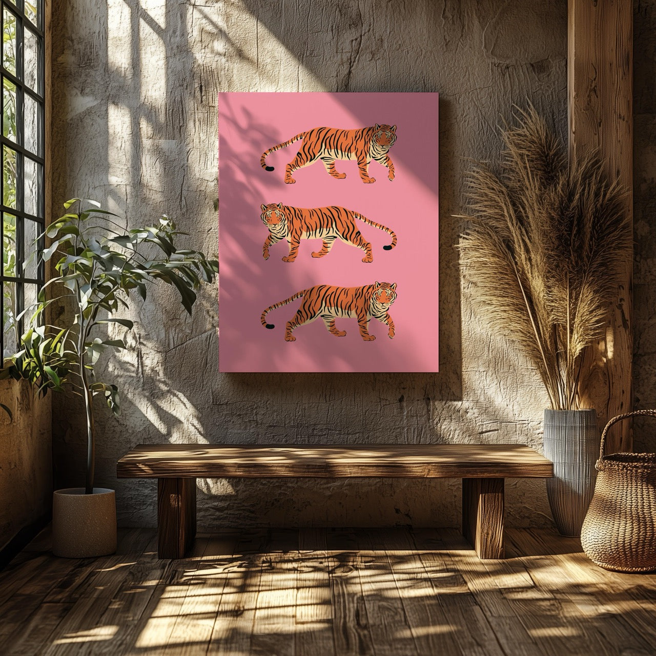 Bold Pink Stride of Tigers - Framed Canvas Wall Art Print | House Prints
