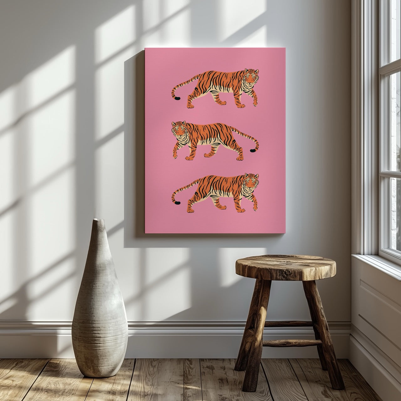 Bold Pink Stride of Tigers - Framed Canvas Wall Art Print | House Prints