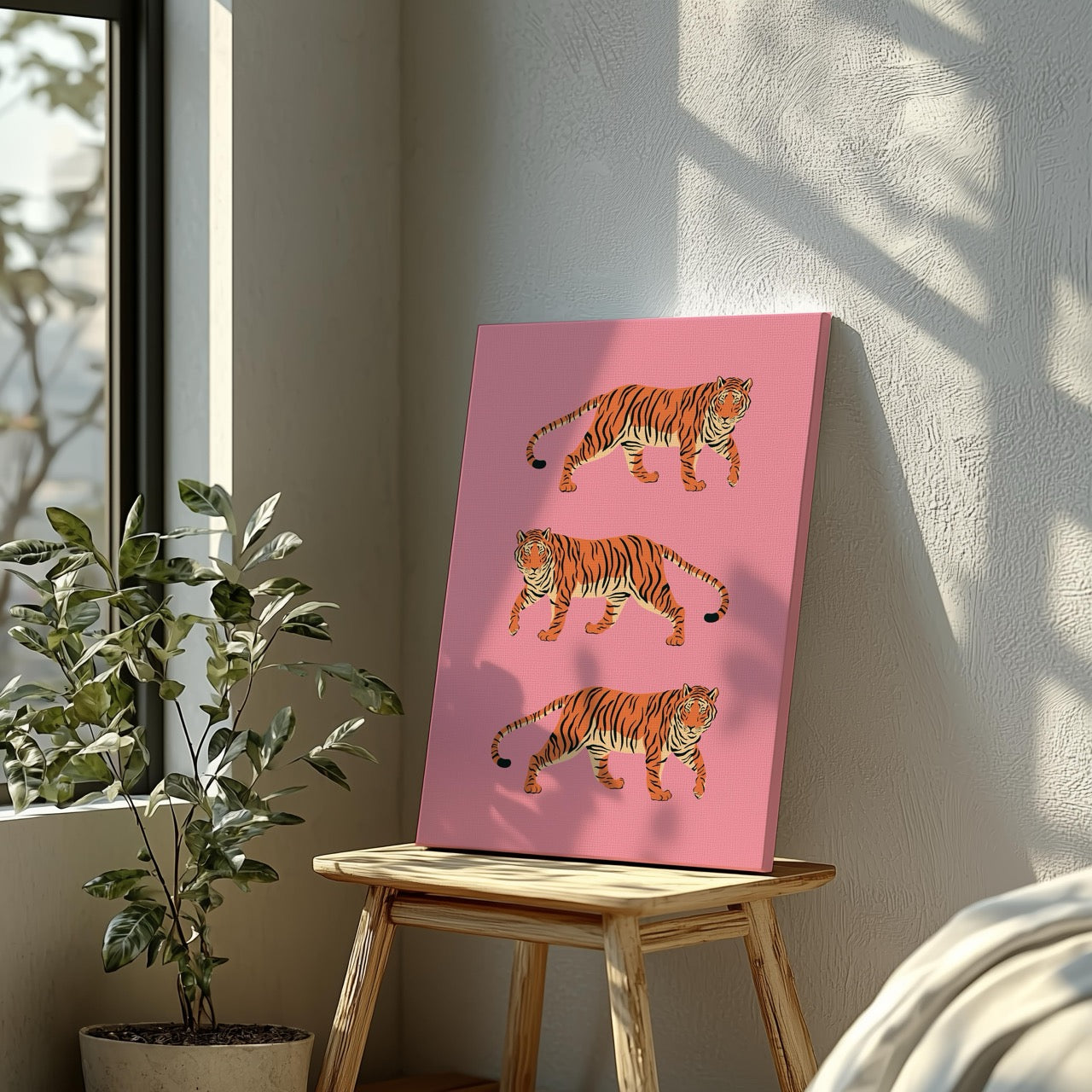 Bold Pink Stride of Tigers - Framed Canvas Wall Art Print | House Prints